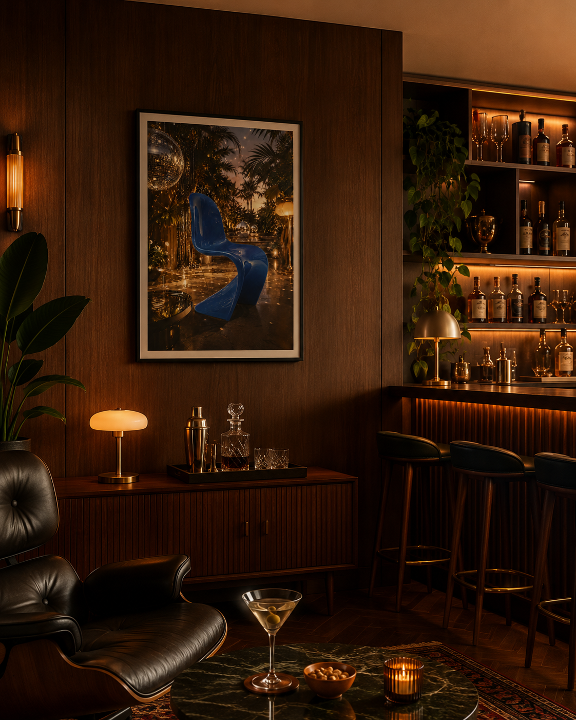 A framed art print featuring a blue chair in a bar scene, displayed on a dark wood wall in a cozy, dimly lit bar lounge with leather seating and a bar counter in the background.

Miami Nights Are Never Blue is a love letter to the hour when the city stops pretending to be subtle. A cobalt blue Panton-inspired chair commands the frame, its fluid S-curve glowing against a backdrop of warm amber light, swaying tropical palms, and the scattered glint of a disco ball. It is bold, cinematic, and completely unapol