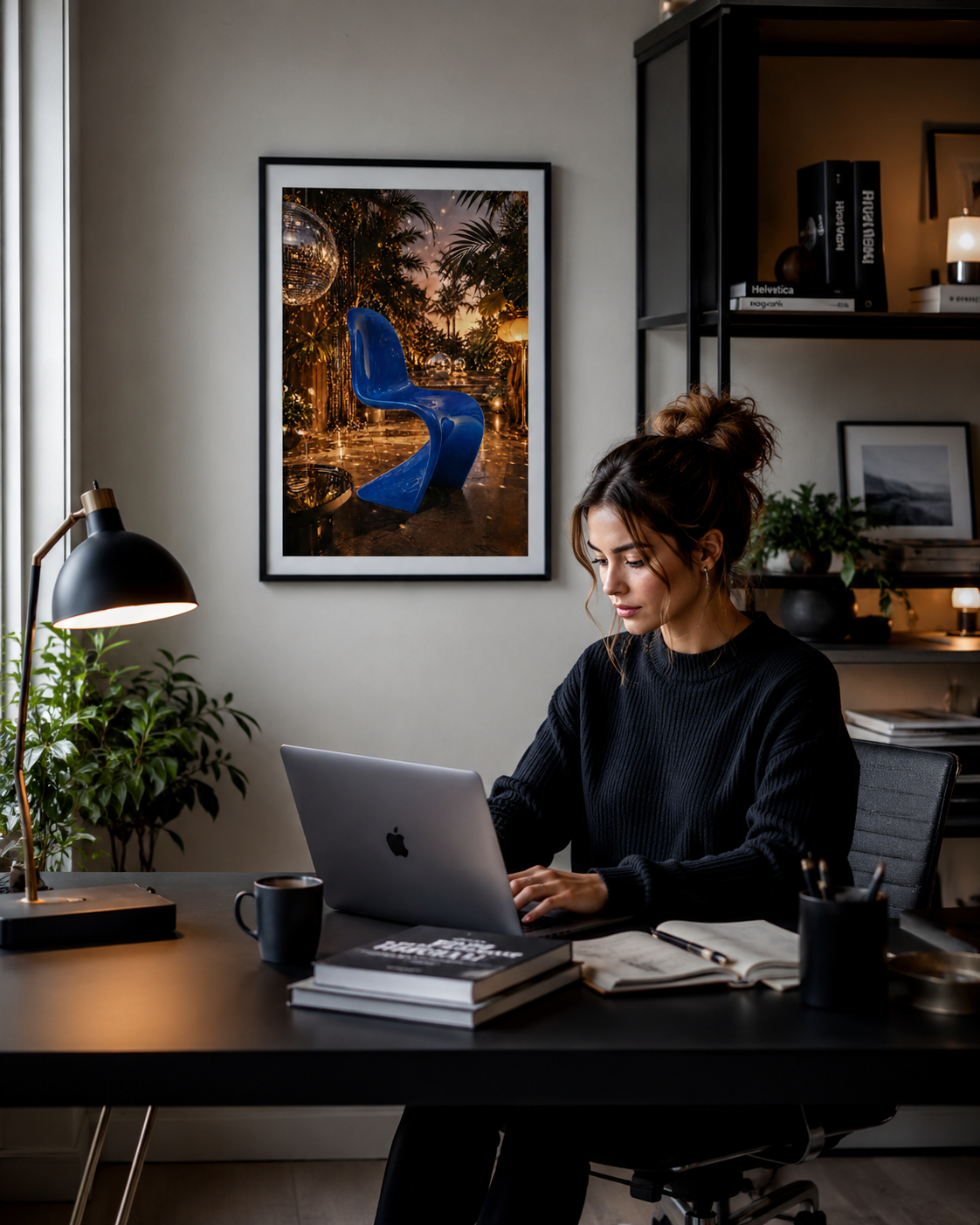 A woman sits at a desk using a laptop in a modern home office, with a framed art print featuring a bright blue chair hanging on the wall behind her.

Miami Nights Are Never Blue is a love letter to the hour when the city stops pretending to be subtle. A cobalt blue Panton-inspired chair commands the frame, its fluid S-curve glowing against a backdrop of warm amber light, swaying tropical palms, and the scattered glint of a disco ball. It is bold, cinematic, and completely unapologetic.