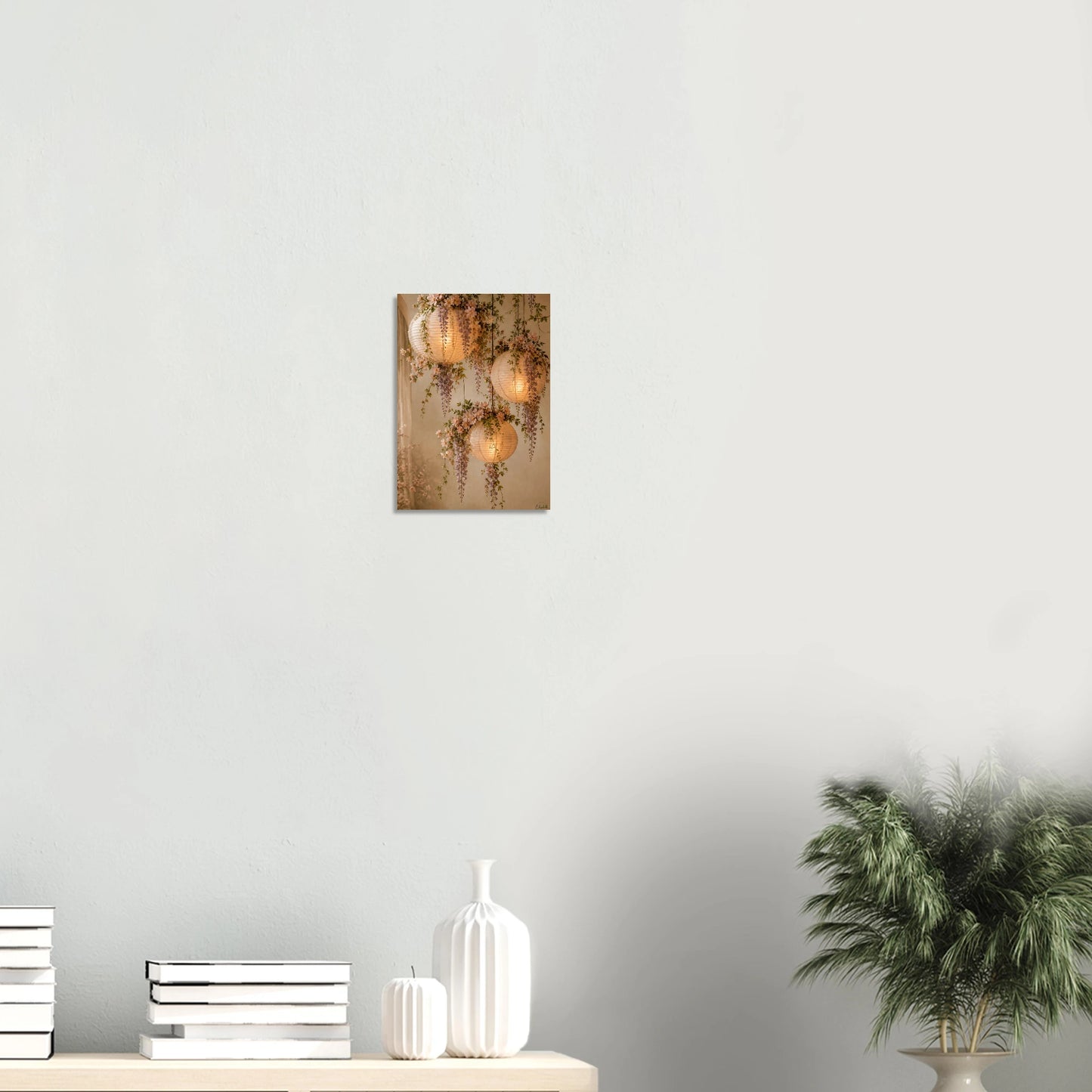 Glowing paper globe lanterns draped in botanicals. Warm amber giclee print inspired by original designs. 200gsm FSC paper. Ships worldwide.
