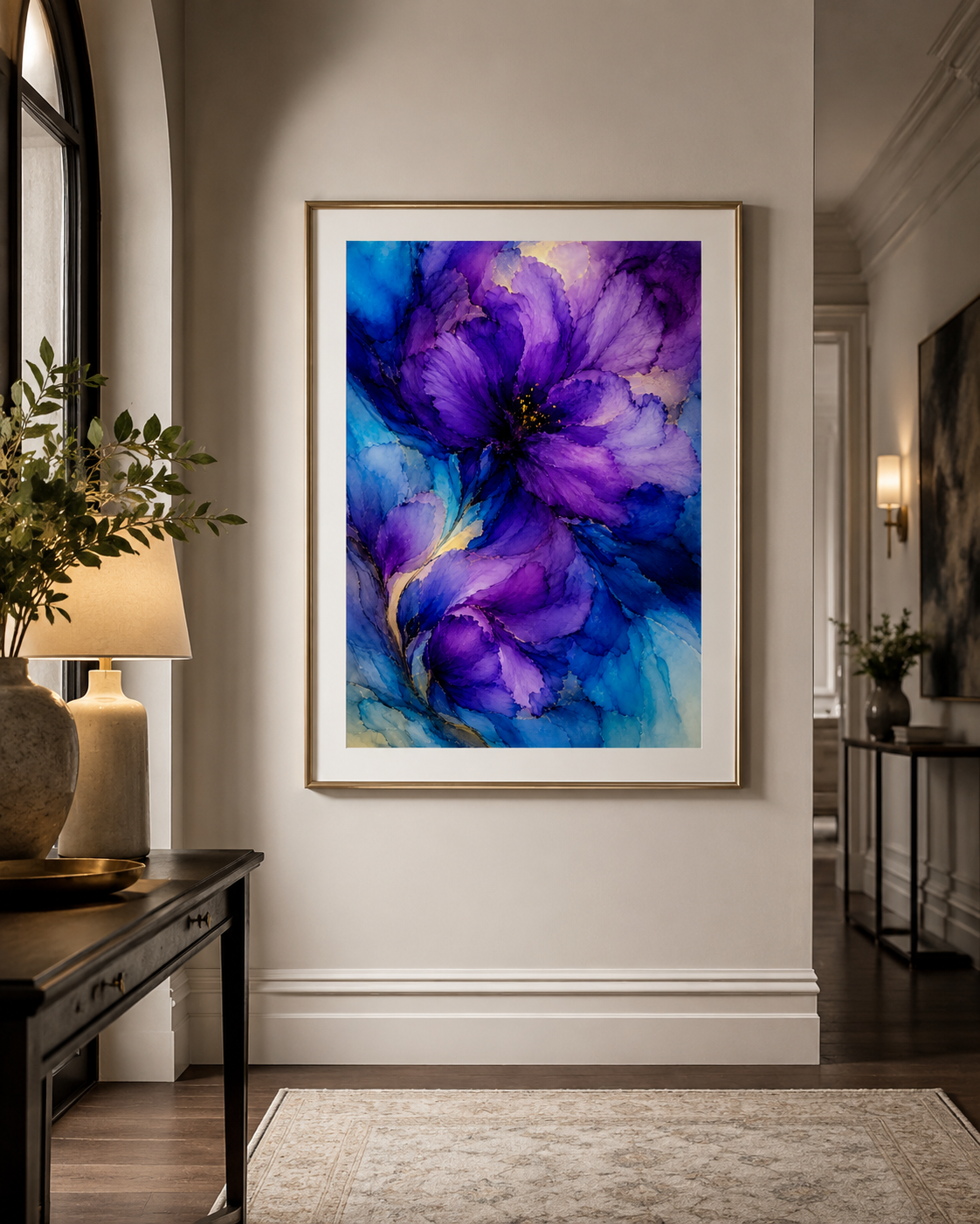 moody purple artworks in a hallway
