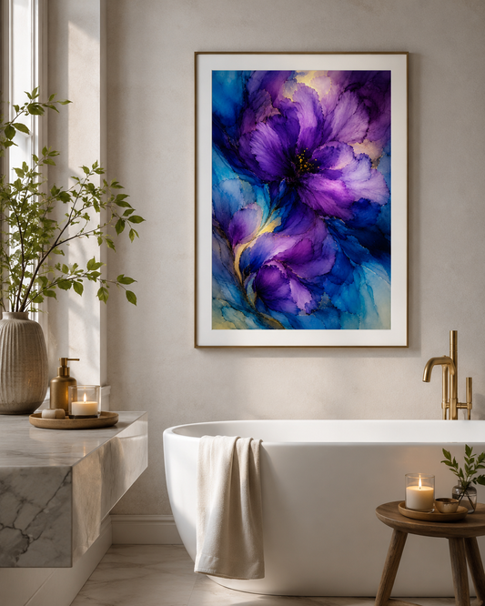 moody purple artworks in a bathroom 