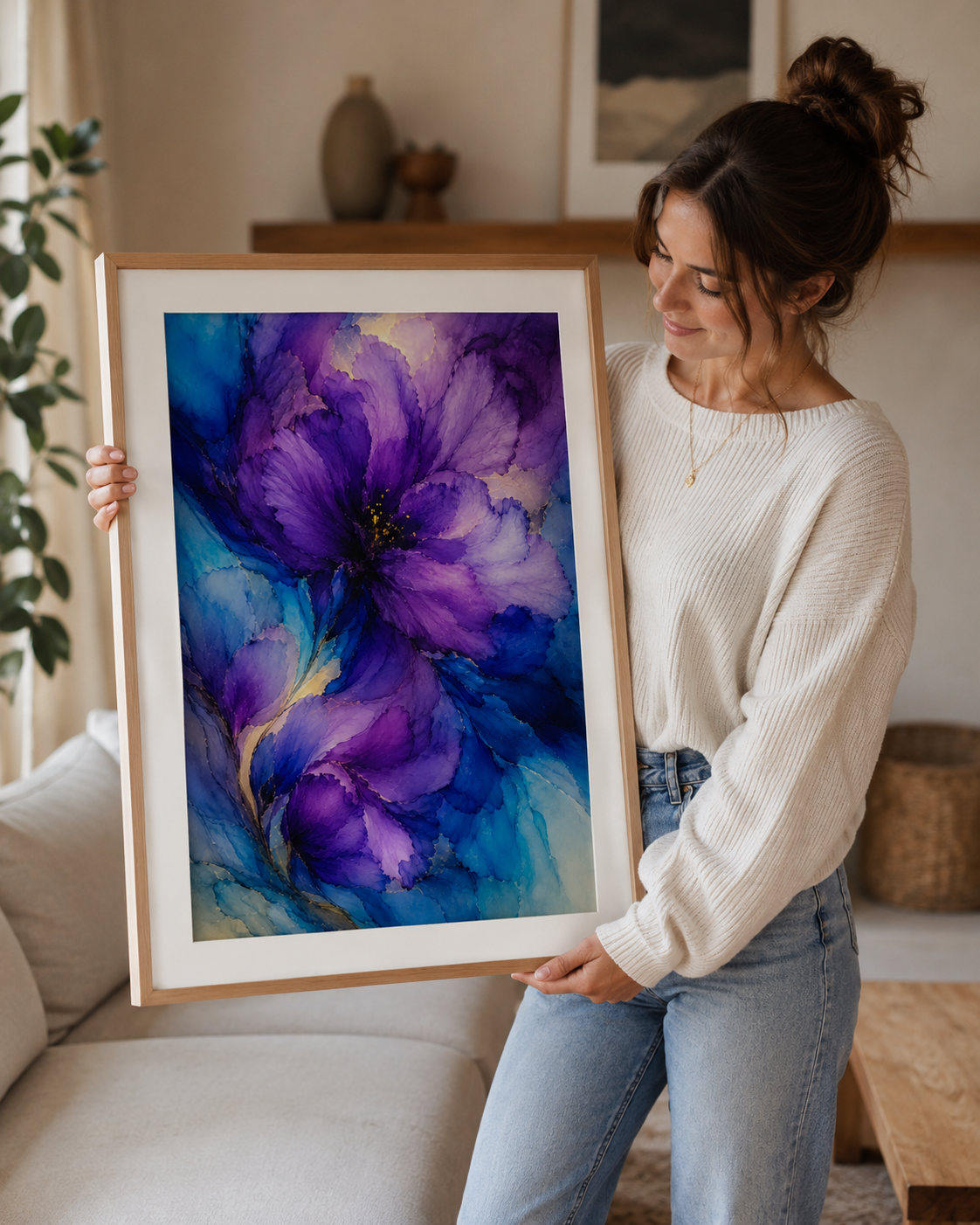 passion flows moody purple artwork with a women in a modern living room 