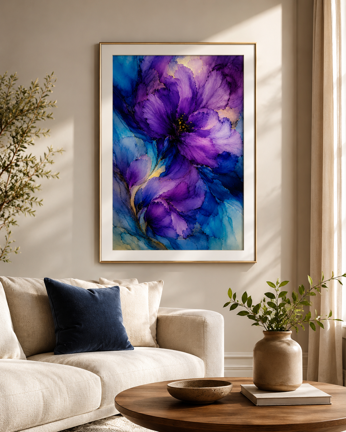 set of three moody purple artworks in a living room 