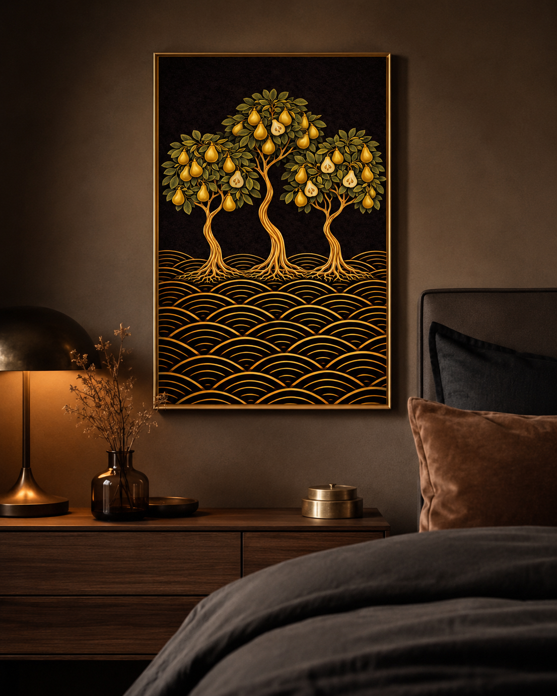 Japanese-inspired pear tree fine art print. Three sculptural pear trees with golden fruit on a rich dark background with wave patterns. Blends botanical illustration, Art Nouveau and Japandi design in a bedroom 