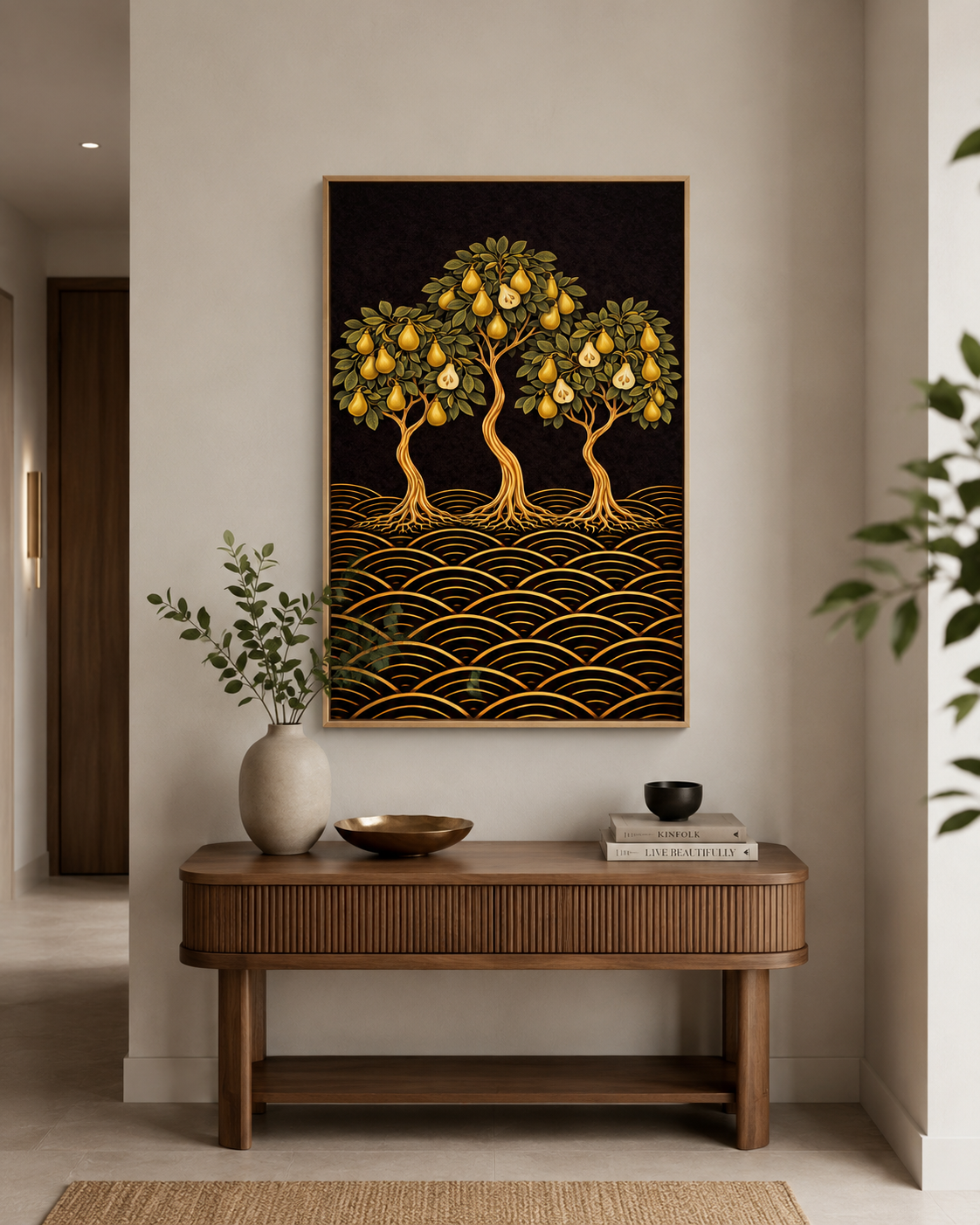 Japanese-inspired pear tree fine art print. Three sculptural pear trees with golden fruit on a rich dark background with wave patterns. Blends botanical illustration, Art Nouveau and Japandi design in a hallway 