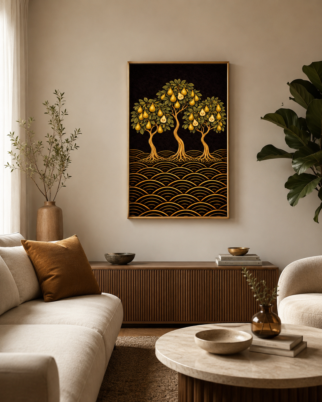 Japanese-inspired pear tree fine art print. Three sculptural pear trees with golden fruit on a rich dark background with wave patterns. Blends botanical illustration, Art Nouveau and Japandi design.  in a lounge room