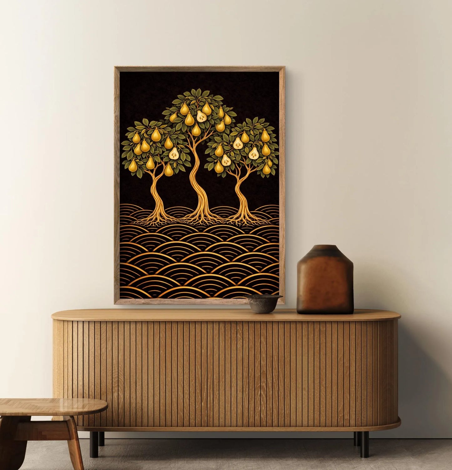 Japanese-inspired pear tree fine art print. Three sculptural pear trees with golden fruit on a rich dark background with wave patterns. Blends botanical illustration, Art Nouveau and Japandi design.  in a hallway