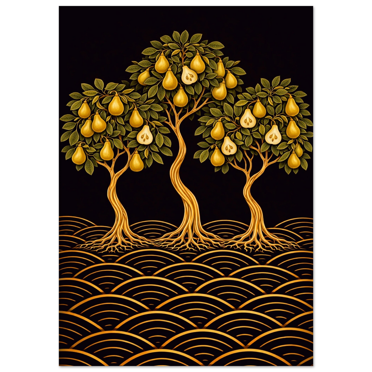 Japanese-inspired pear tree fine art print. Three sculptural pear trees with golden fruit on a rich dark background with wave patterns. Blends botanical illustration, Art Nouveau and Japandi design. 