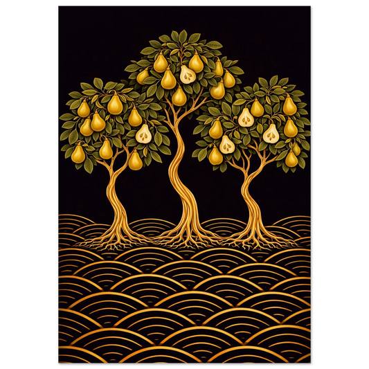 Japanese-inspired pear tree fine art print. Three sculptural pear trees with golden fruit on a rich dark background with wave patterns. Blends botanical illustration, Art Nouveau and Japandi design. 