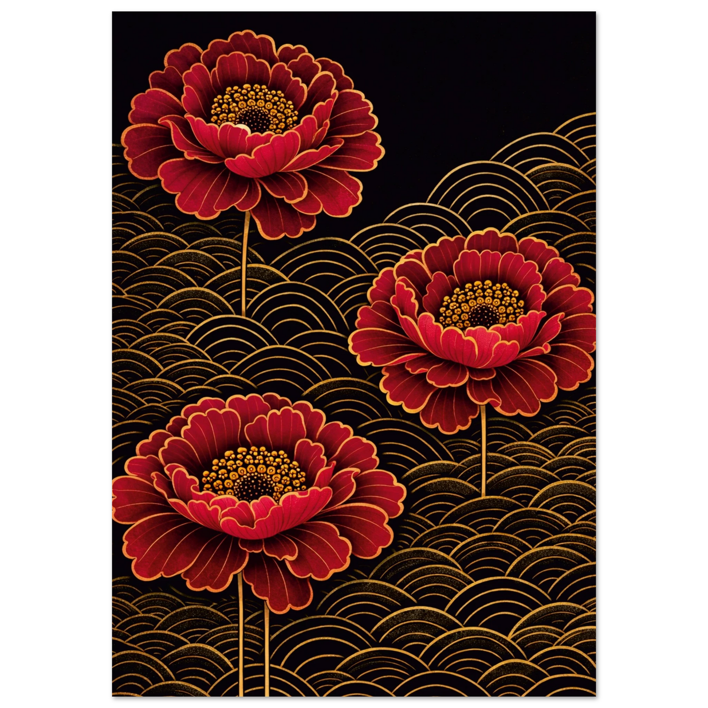 A vertical art print featuring three stylized red peony-like flowers with gold outlines and yellow centers, set against a black background filled with gold wave patterns.