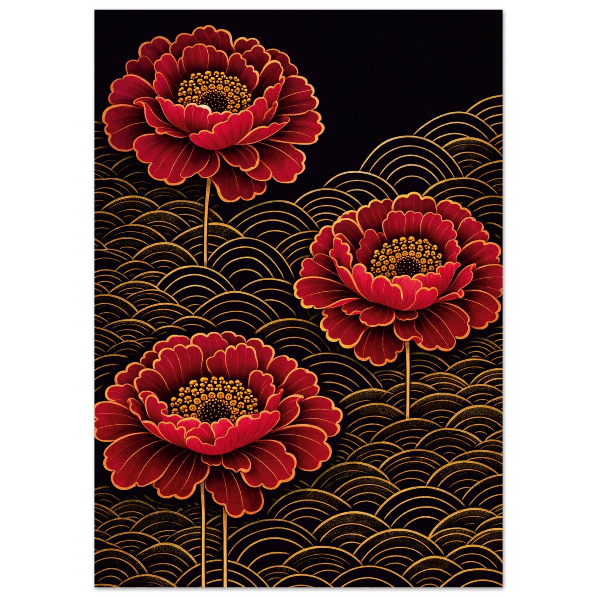 A vertical art print featuring three stylized red peony-like flowers with gold outlines and yellow centers, set against a black background filled with gold wave patterns.