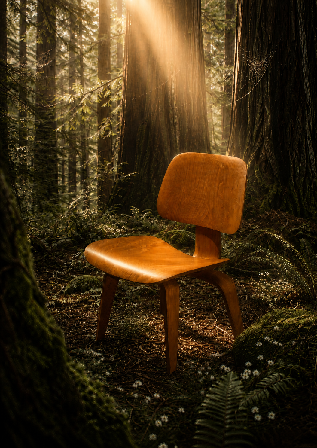 A wooden lounge chair with a curved seat and back sits in a sun-dappled forest clearing, surrounded by tall trees, ferns, and small white flowers.

Returning to My Roots is a quiet celebration of the chair that started it all, that iconic mid-century silhouette, moulded curves, tapered legs and the kind of considered design that never goes out of style. Rendered in sage greens and warm neutrals, it sits on the wall the way a great piece of furniture sits in a room, purposeful, elegant and completely at home