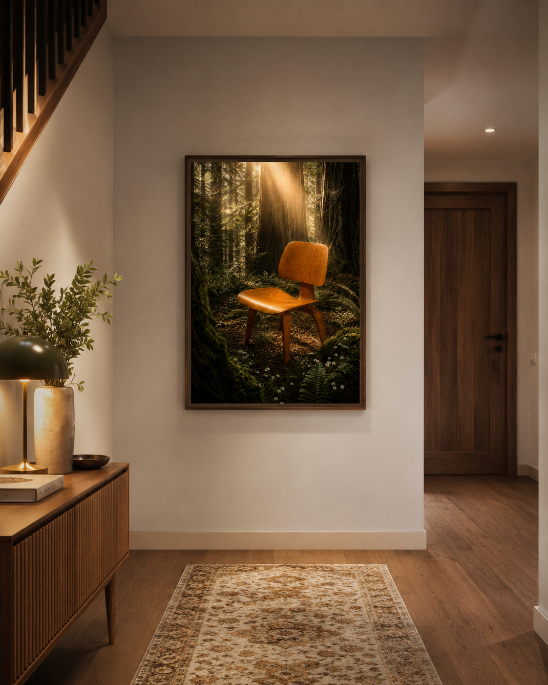 A framed vertical art print depicting a golden wooden chair in a sunlit forest, displayed on a white wall in a modern, warm-toned hallway with wood floors and a console table.

Returning to My Roots is a quiet celebration of the chair that started it all, that iconic mid-century silhouette, moulded curves, tapered legs and the kind of considered design that never goes out of style. Rendered in sage greens and warm neutrals, it sits on the wall the way a great piece of furniture sits in a room, purposeful, e