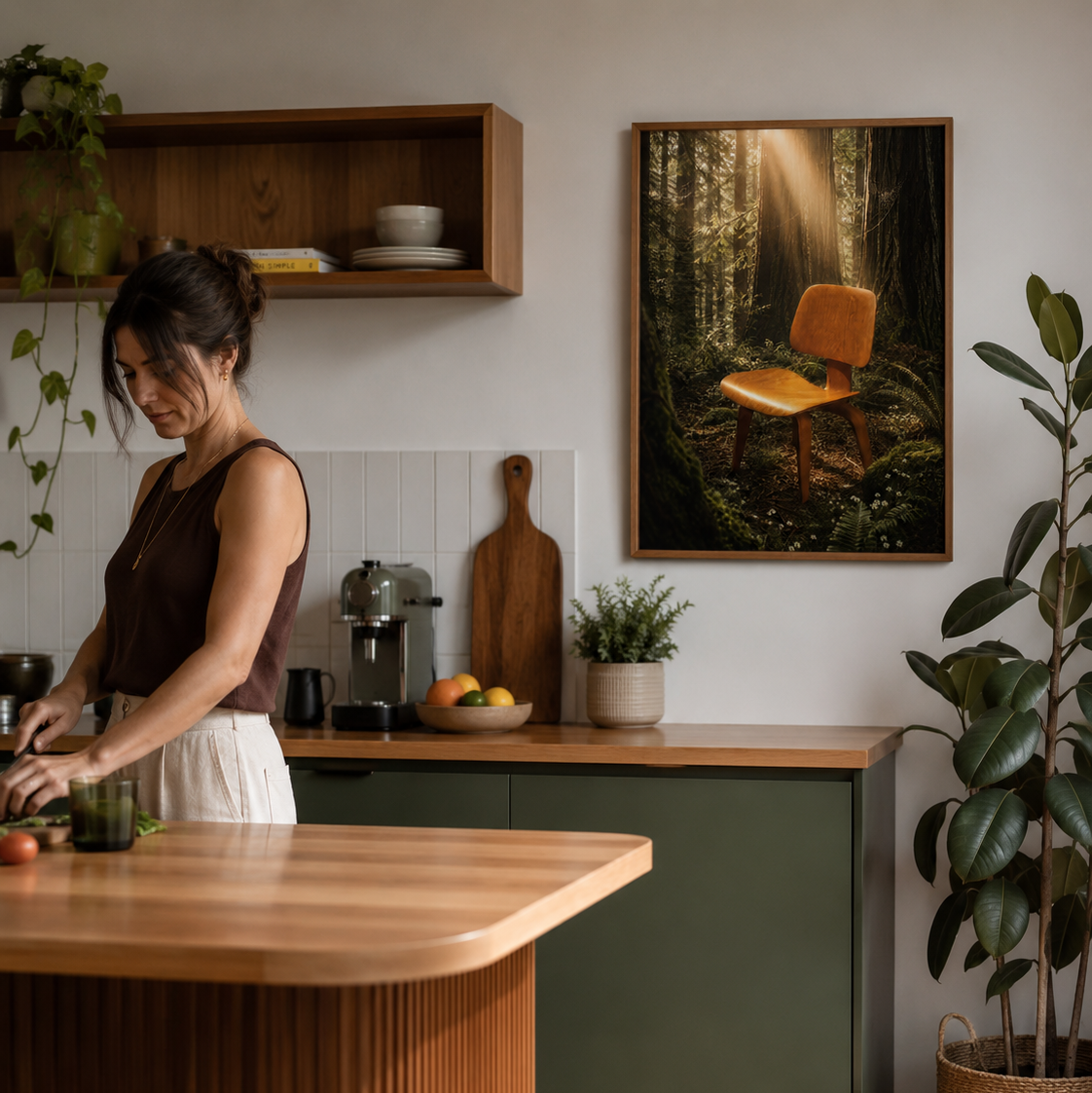 A woman stands at a wooden kitchen island in a modern kitchen, with a framed art print of a wooden chair in a forest hanging on the wall behind her.

Returning to My Roots is a quiet celebration of the chair that started it all, that iconic mid-century silhouette, moulded curves, tapered legs and the kind of considered design that never goes out of style. Rendered in sage greens and warm neutrals, it sits on the wall the way a great piece of furniture sits in a room, purposeful, elegant and completely at ho