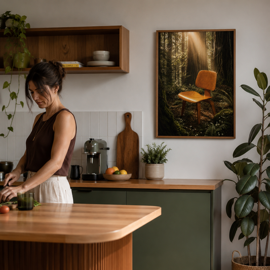 A woman stands at a wooden kitchen island in a modern kitchen, with a framed art print of a wooden chair in a forest hanging on the wall behind her.

Returning to My Roots is a quiet celebration of the chair that started it all, that iconic mid-century silhouette, moulded curves, tapered legs and the kind of considered design that never goes out of style. Rendered in sage greens and warm neutrals, it sits on the wall the way a great piece of furniture sits in a room, purposeful, elegant and completely at ho