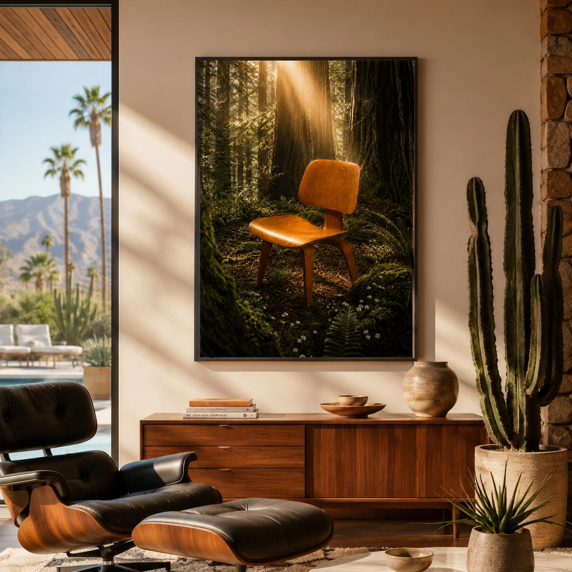 A framed wall art print depicting a mid-century modern wooden chair in a sunlit forest, displayed in a styled living room setting with an Eames-style lounge chair, sideboard, and cactus.

Returning to My Roots is a quiet celebration of the chair that started it all, that iconic mid-century silhouette, moulded curves, tapered legs and the kind of considered design that never goes out of style. Rendered in sage greens and warm neutrals, it sits on the wall the way a great piece of furniture sits in a room, pu
