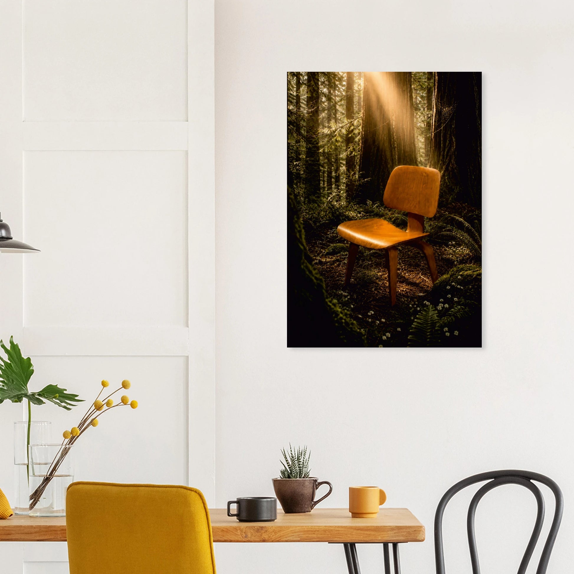 Returning to My Roots is a quiet celebration of the chair that started it all, that iconic mid-century silhouette, moulded curves, tapered legs and the kind of considered design that never goes out of style. Rendered in sage greens and warm neutrals, it sits on the wall the way a great piece of furniture sits in a room, purposeful, elegant and completely at home.