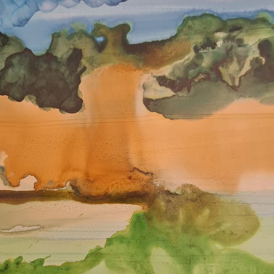 Original alcohol ink artwork on Yupo paper. Rolling Otago paddocks in amber, gold and forest green beneath a cobalt sky. A4, unframed. Free post NZ & Australia.