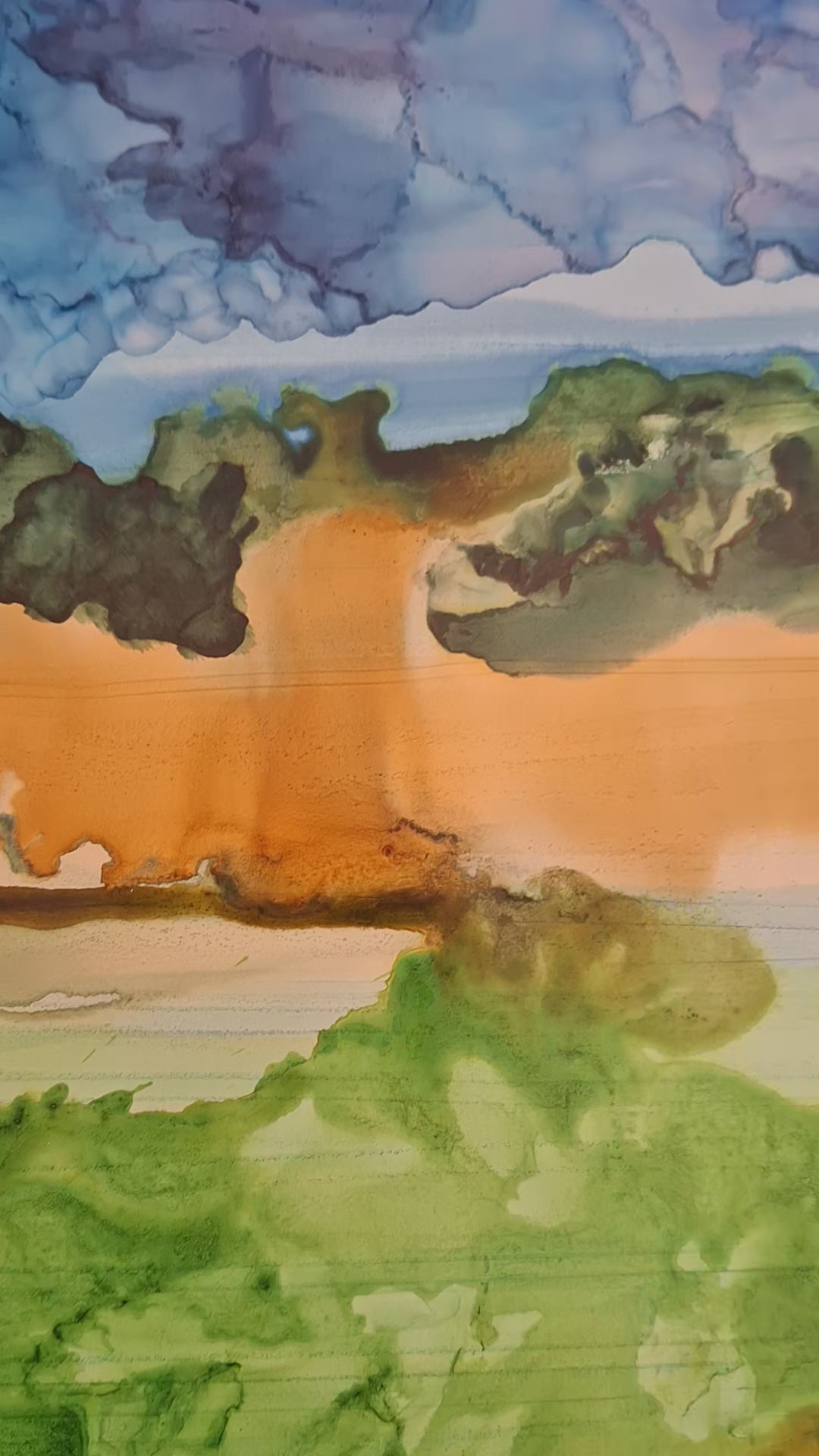 Original alcohol ink artwork on Yupo paper. Rolling Otago paddocks in amber, gold and forest green beneath a cobalt sky. A4, unframed. Free post NZ & Australia.