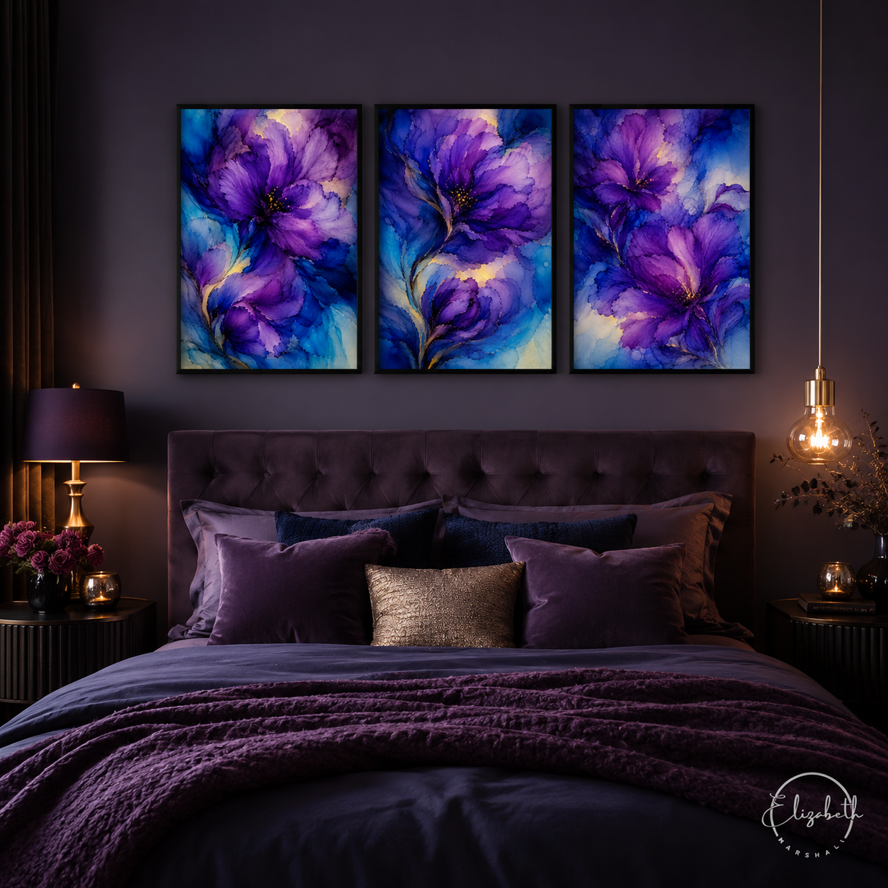 set of three moody purple artworks in a lbedrrom 