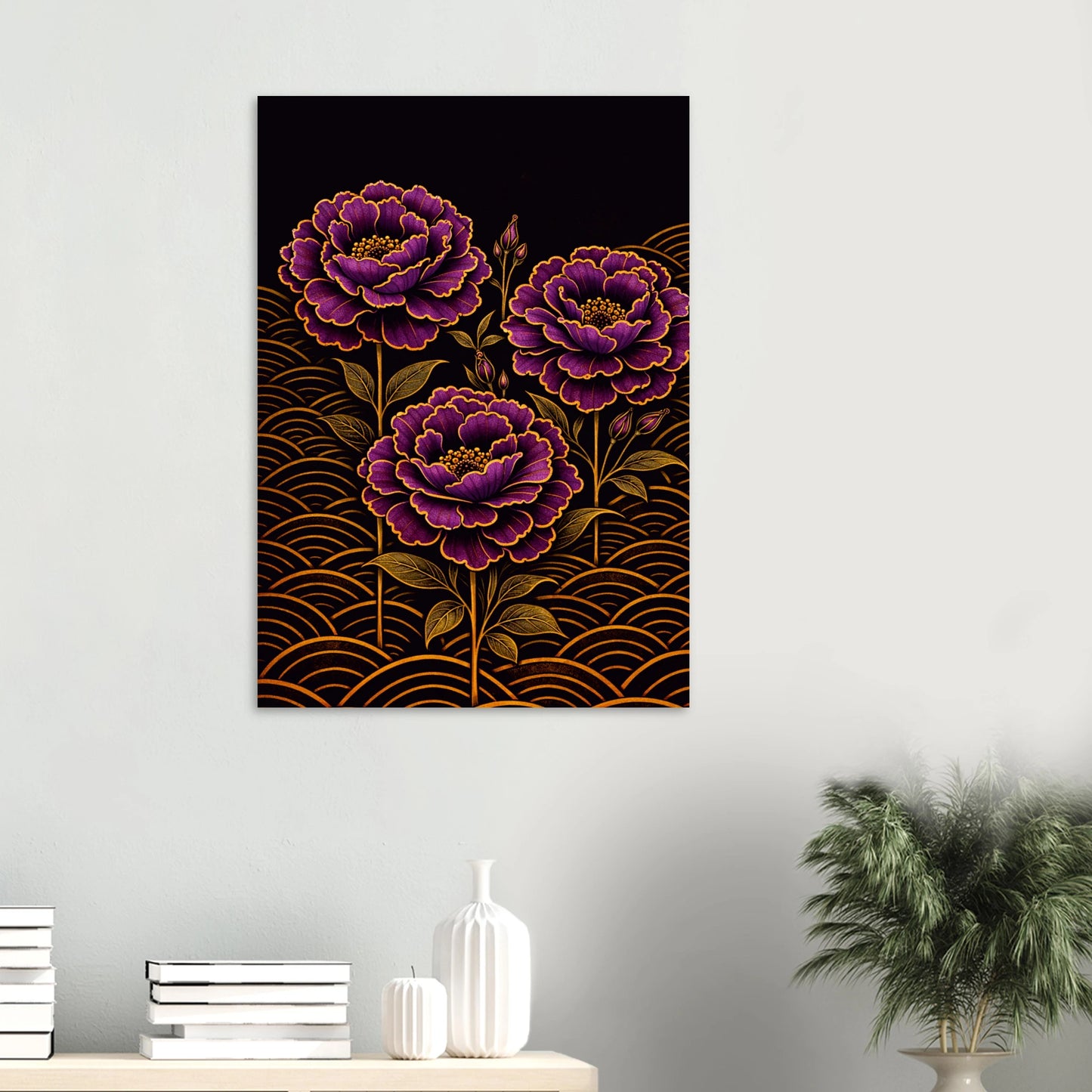 A vertical wall art print featuring three stylized purple and magenta flowers with gold outlines on a black background, styled in a home setting above a light wood console table with books, a vase, and a potted plant.