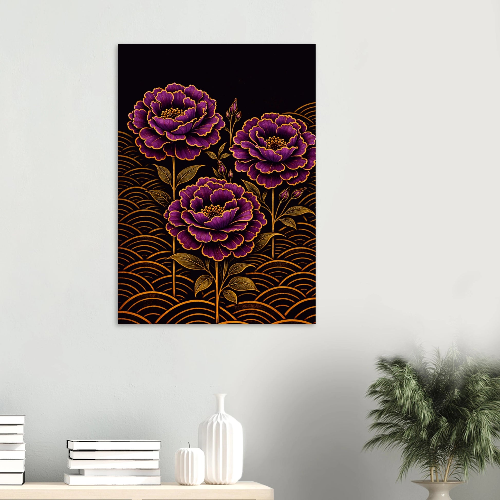 A vertical wall art print featuring three stylized purple and magenta flowers with gold outlines on a black background, styled in a home setting above a light wood console table with books, a vase, and a potted plant.