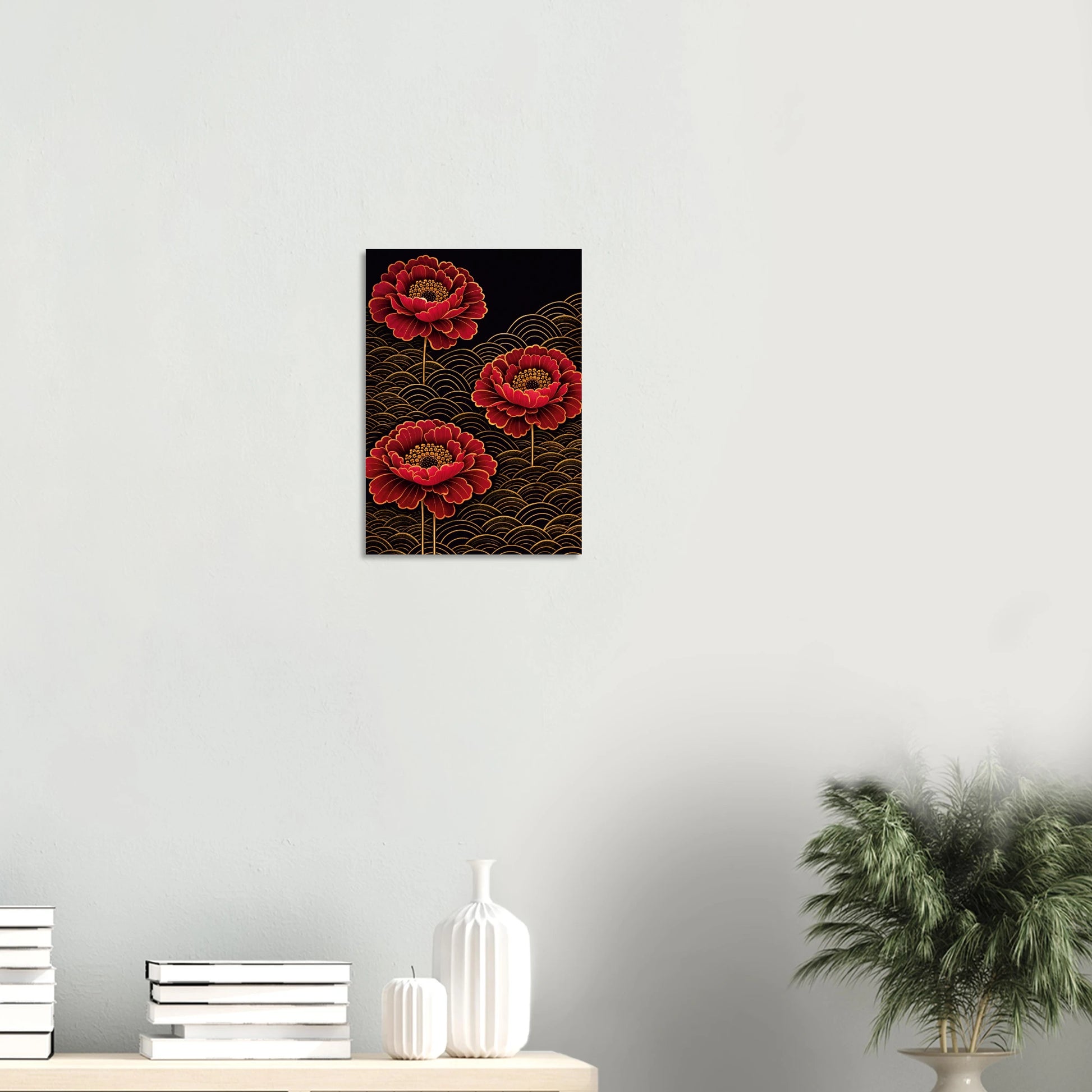Red Moon Peonies burns quietly against the dark, three full-bloomed crimson peonies rising from a field of golden seigaiha waves, their petals edged in warm gold, their centres glowing amber. There is nothing shy about this print. It is rich, dramatic and deeply considered, the kind of artwork that makes a room feel like it was always waiting for it.