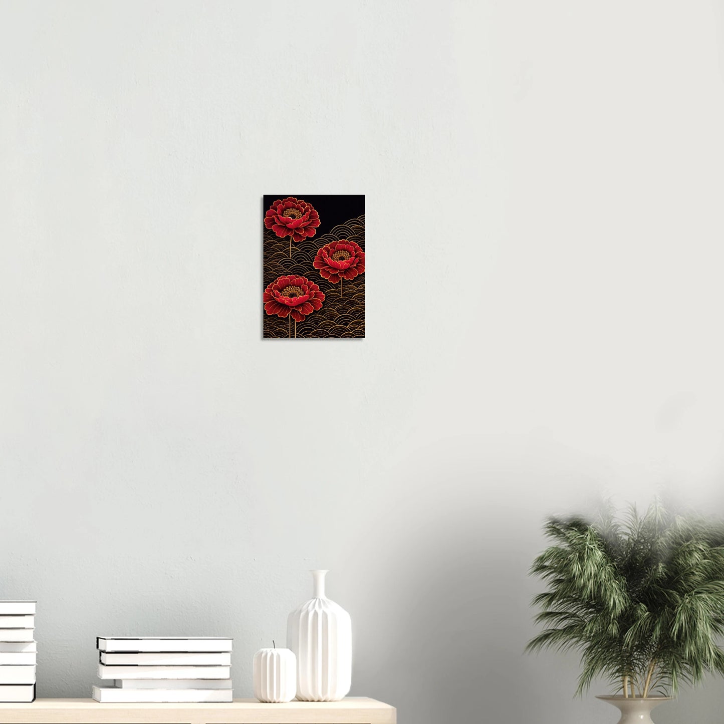 Red Moon Peonies burns quietly against the dark, three full-bloomed crimson peonies rising from a field of golden seigaiha waves, their petals edged in warm gold, their centres glowing amber. There is nothing shy about this print. It is rich, dramatic and deeply considered, the kind of artwork that makes a room feel like it was always waiting for it.