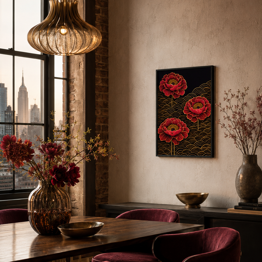 A framed wall art print featuring three red poppy flowers on a black background, displayed in a styled dining room with burgundy chairs, a wooden table, and a hanging pendant light.