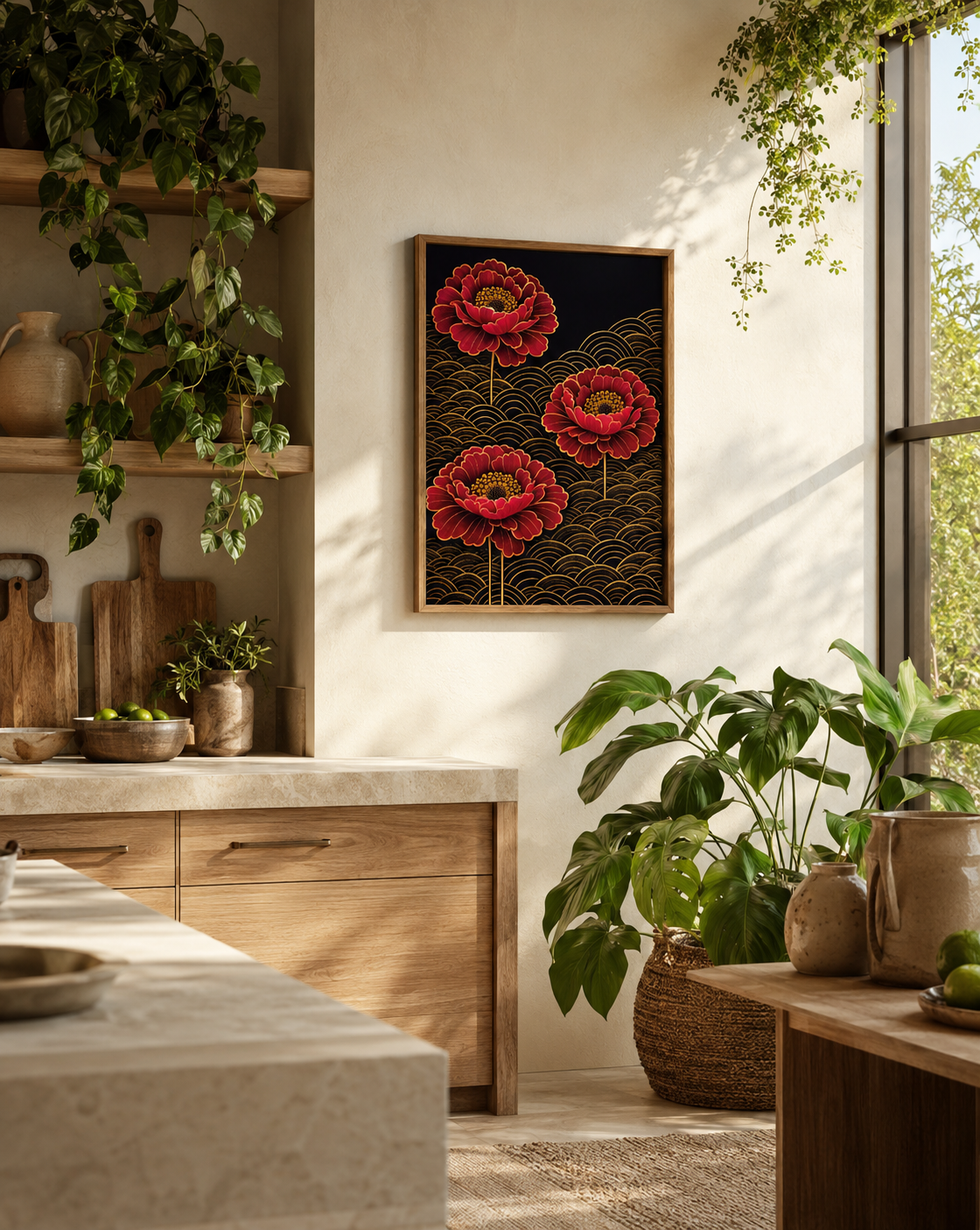 A framed wall art piece featuring three red poppy flowers with gold wave patterns on a black background, displayed in a warm, modern kitchen setting with plants and wooden cabinetry.