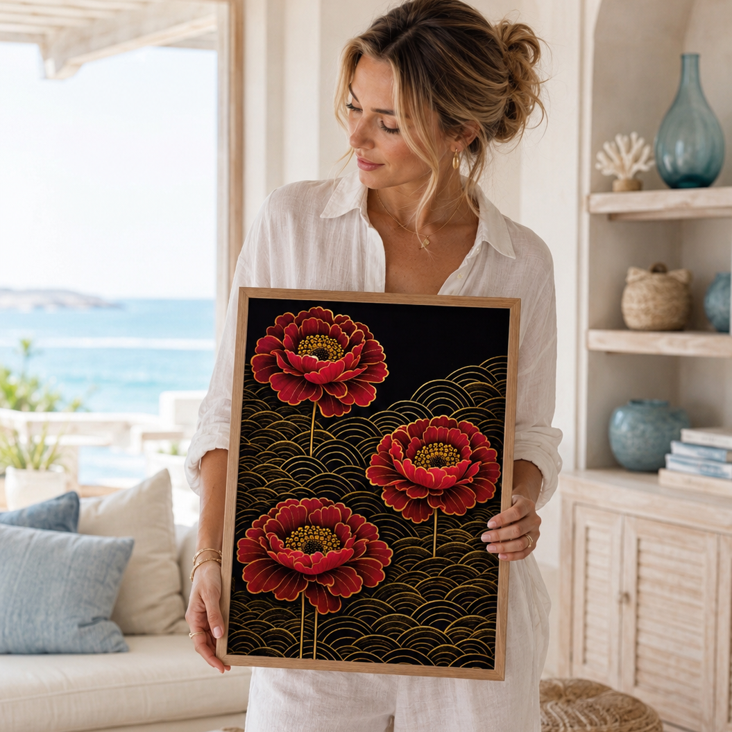 A woman in a white linen outfit holds a framed art print featuring three red peony flowers on a black background with gold wave patterns, set in a bright, modern coastal living room.
