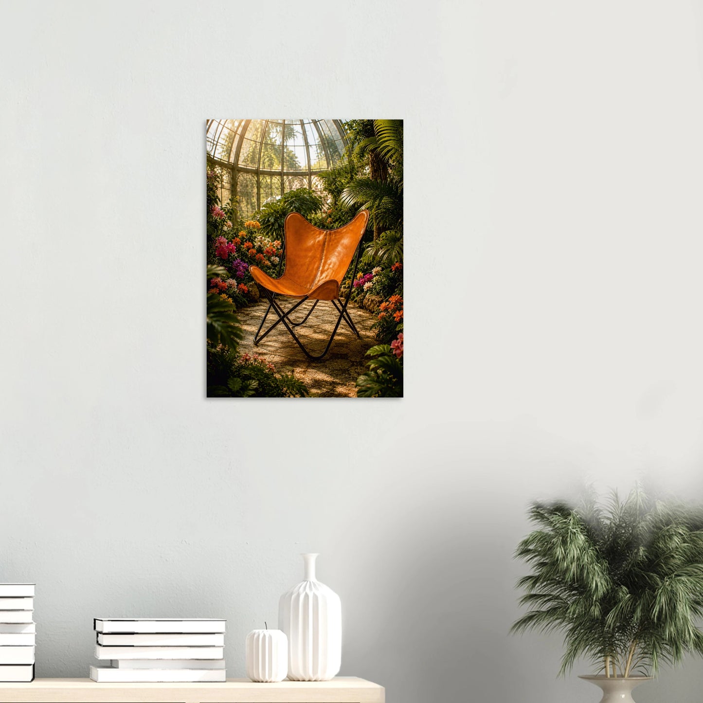 Iconic BKF butterfly chair in a sun-drenched glasshouse. Warm botanical giclee print inspired by original designs. 200gsm FSC paper. Ships worldwide.