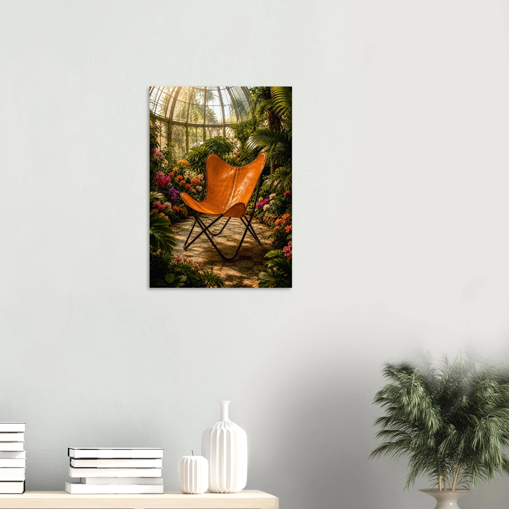Iconic BKF butterfly chair in a sun-drenched glasshouse. Warm botanical giclee print inspired by original designs. 200gsm FSC paper. Ships worldwide.