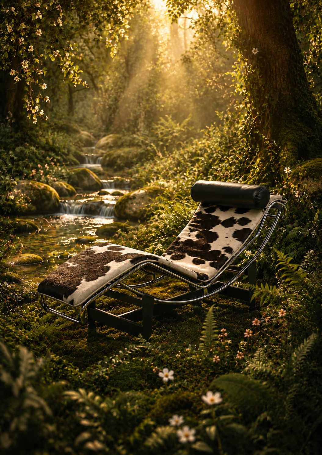 A modern lounge chair with a black-and-white cowhide pattern and chrome frame sits beside a small forest stream in a sunlit woodland clearing.
