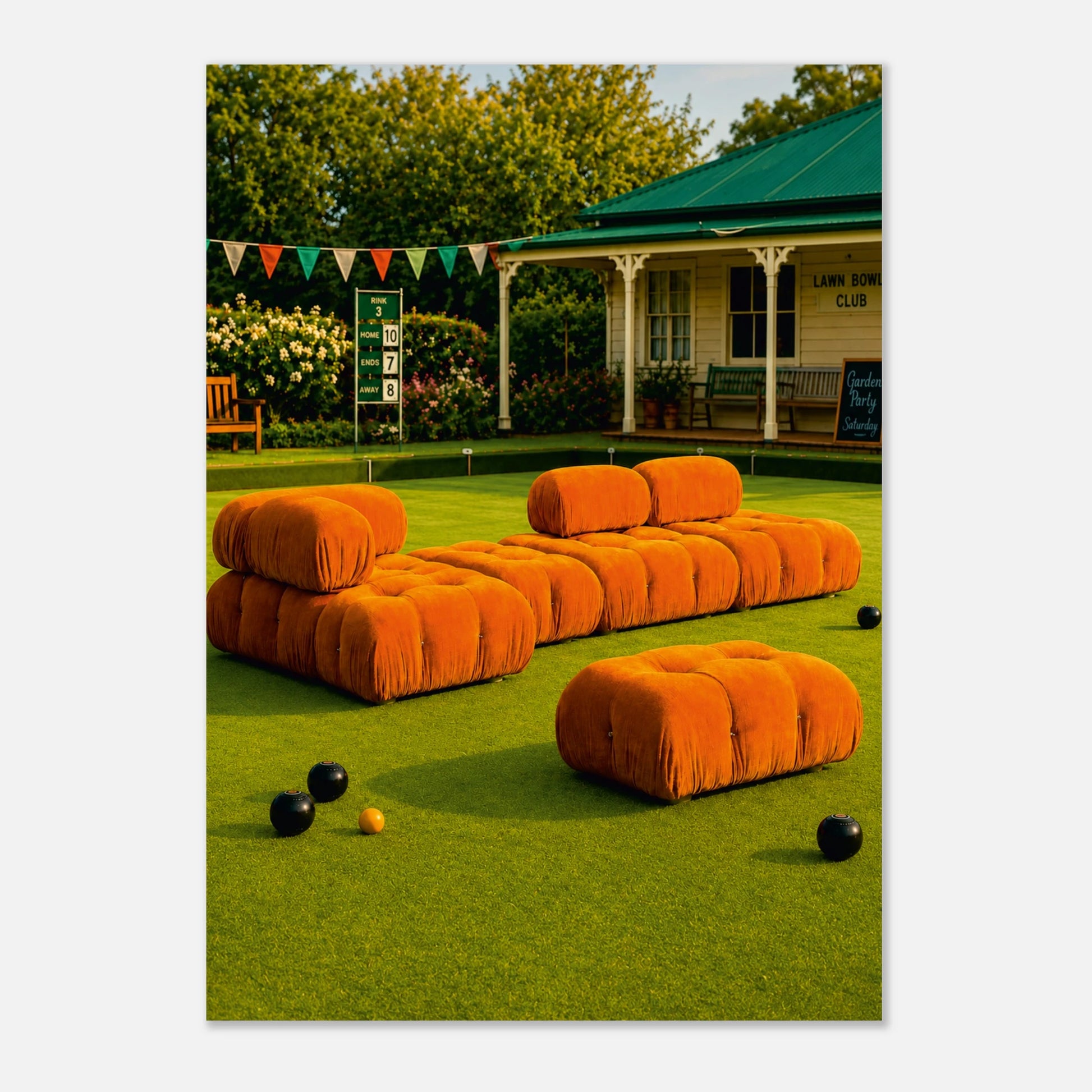 Orange modular lounge seating arranged on a green lawn in front of a porch and trees, with bowling balls and a bowling green visible in the scene.