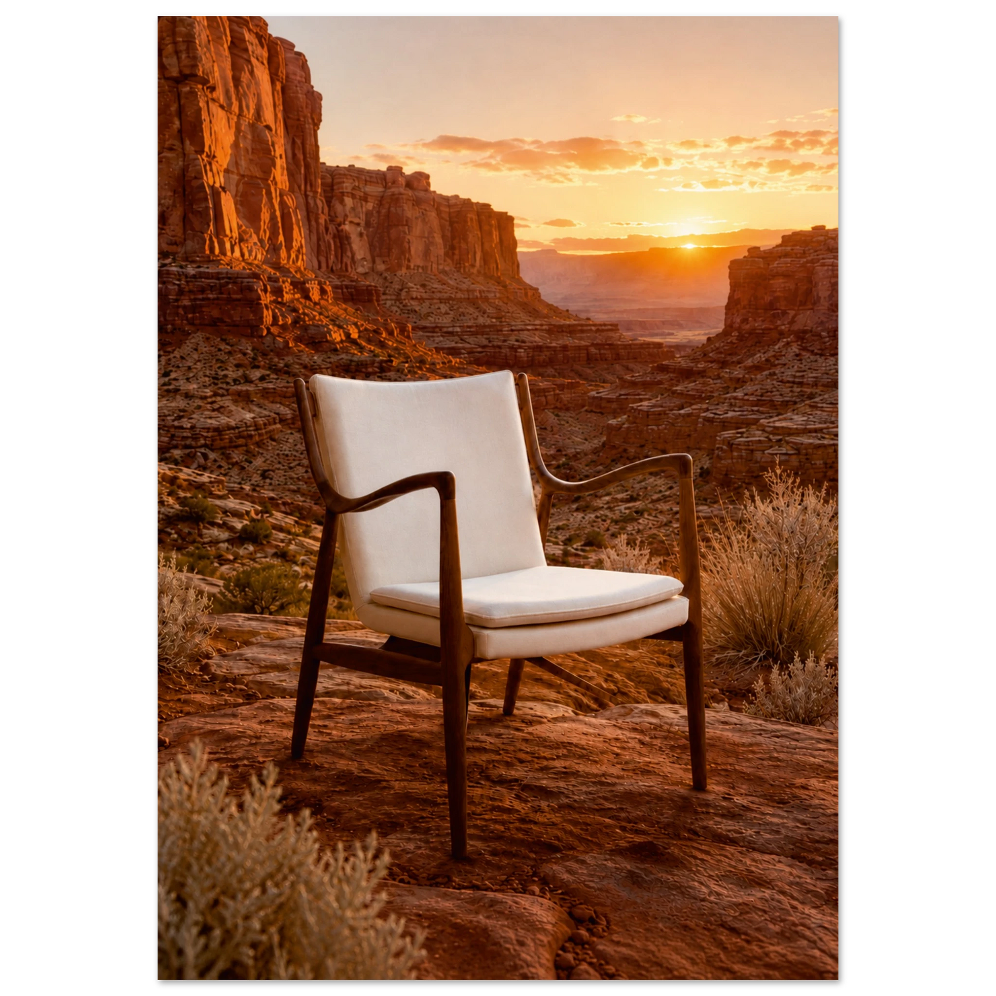 A mid-century modern armchair with white cushions and a dark wood frame, set against a scenic desert canyon landscape at sunset.