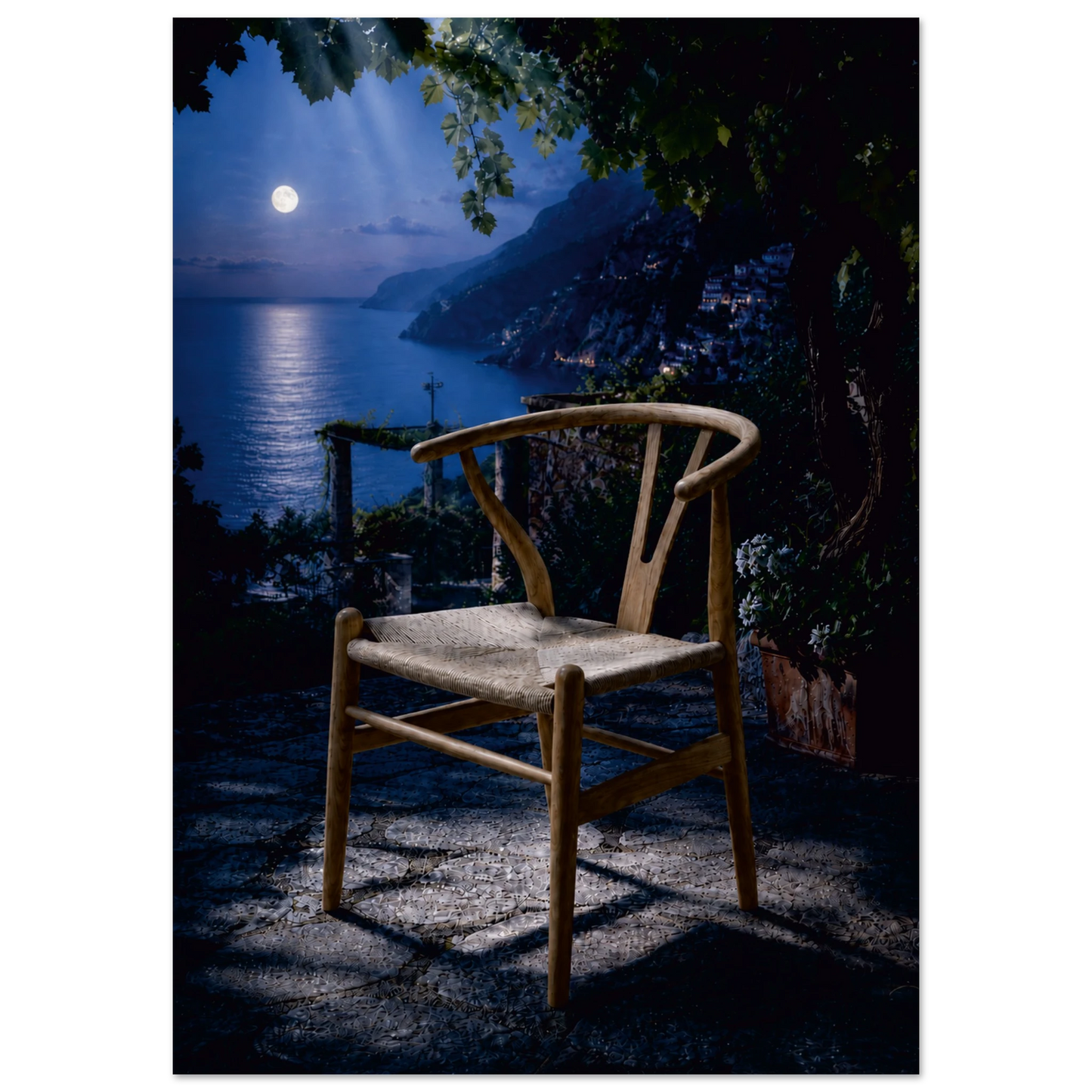 Wishing for a Moonlight Serenade is a love note to retro fans worldwide. A Wishbone Chair-inspired piece in warm natural wood sits alone on a moonlit terrace, the full moon hanging low over the water beyond, its reflection pooling across the deep midnight blue. Dark foliage presses in at the edges, a lantern glows softly to one side, and the whole scene holds its breath. It is the most romantic chair in the most romantic place, and it is waiting for someone to sit down and stay a while.
