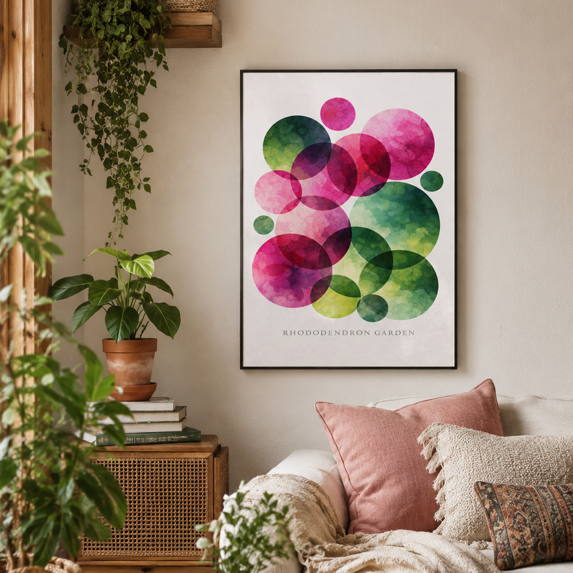 A framed abstract art print featuring overlapping watercolor circles in pink, green, and purple on a white background, hanging on a beige wall above a cozy sofa with pillows and a throw blanket in a decorated living room.