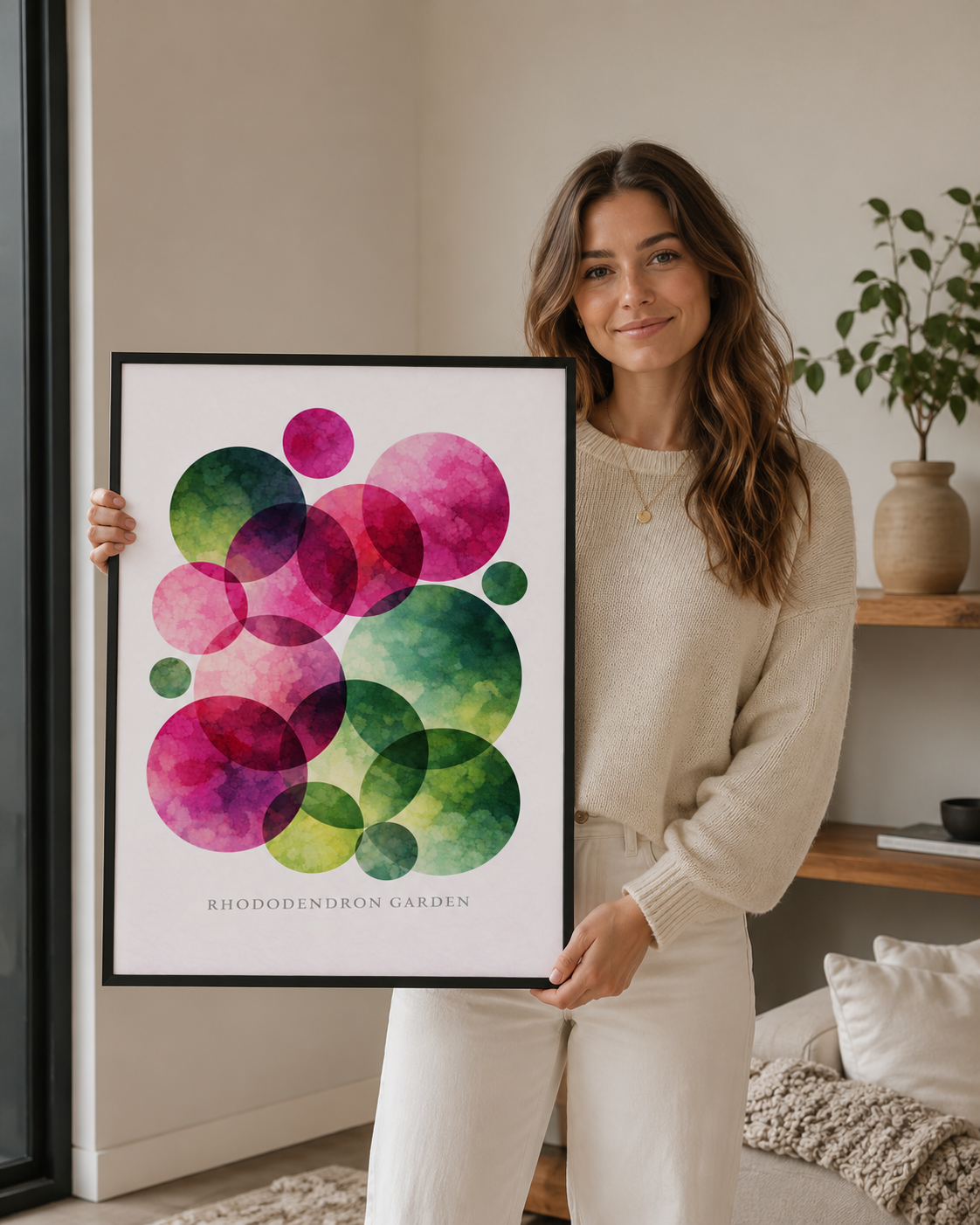 A woman in a cream knit sweater and white pants holds up a framed art print featuring overlapping watercolor circles in shades of pink, purple, and green on a white background with the text 'RHODODENDRON GARDEN' at the bottom.
