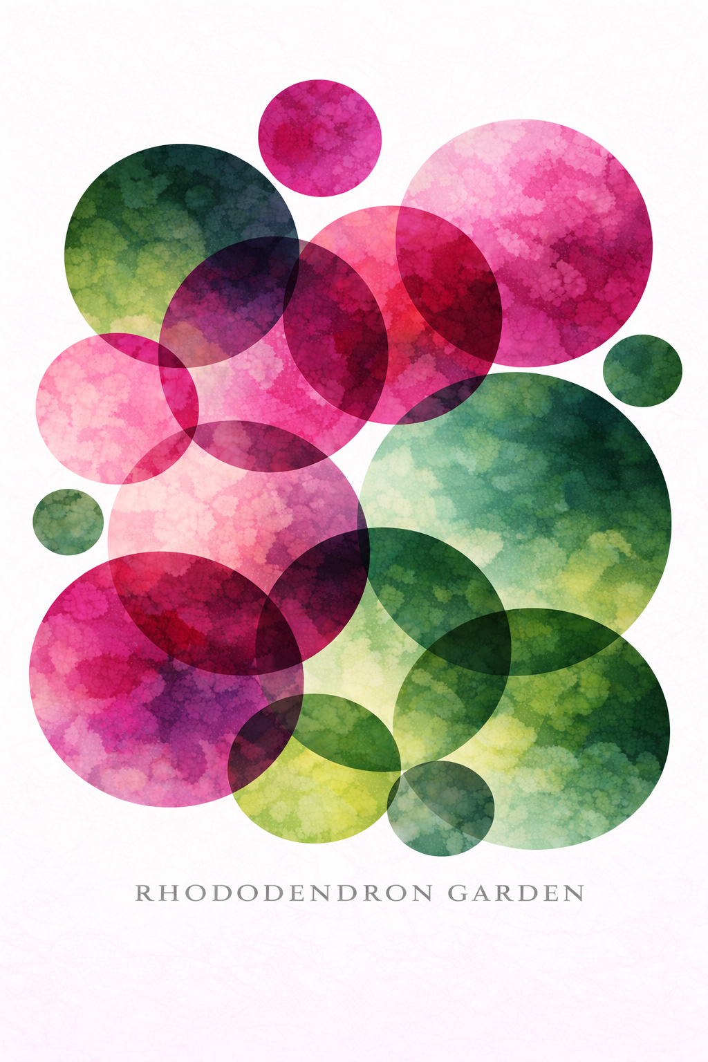 A square art print featuring overlapping watercolor circles in shades of pink, magenta, and green on a white background, with the text 'RHODODENDRON GARDEN' printed below.