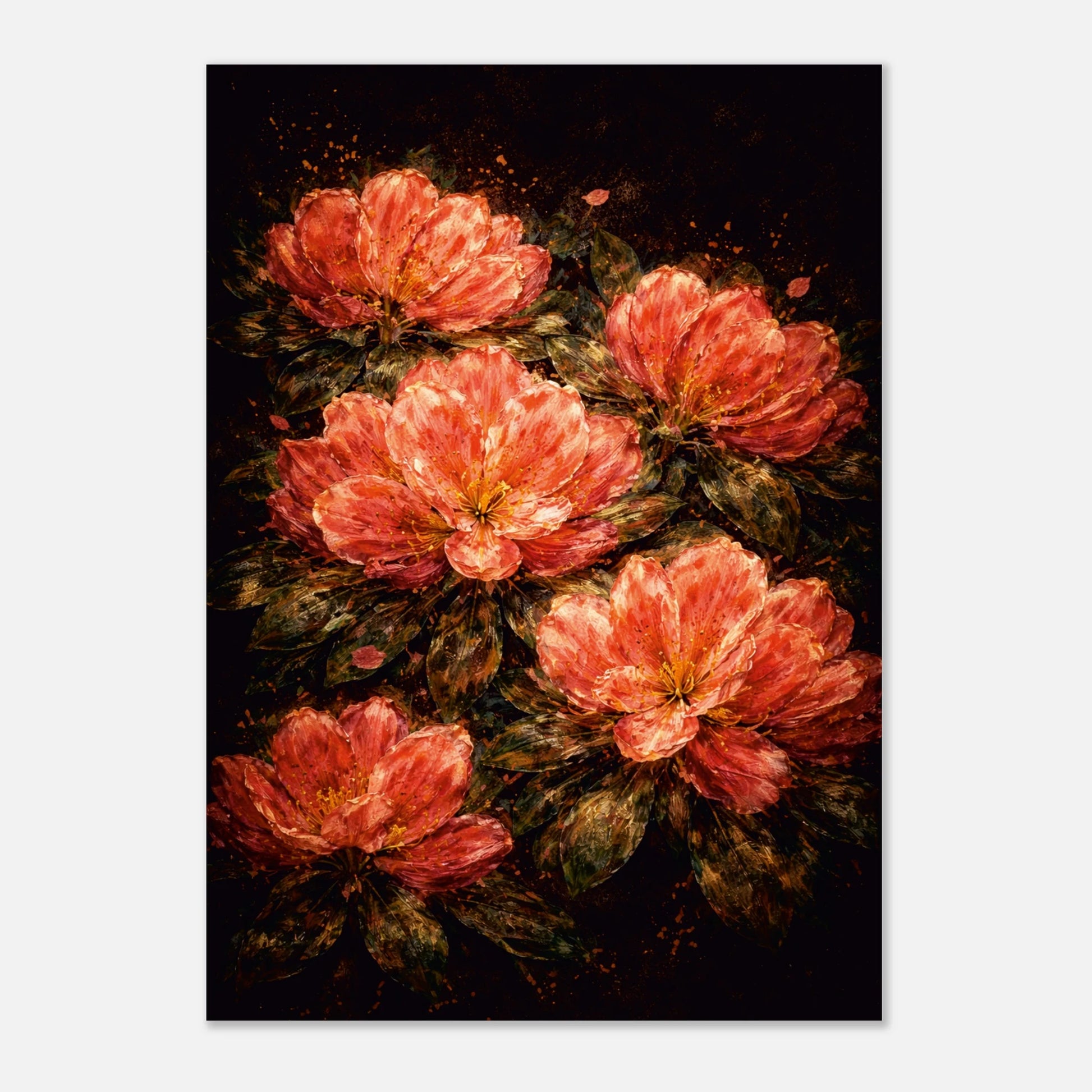 A vertical art print featuring a stylized, painterly depiction of five pinkish-red peony flowers with dark green and black leaves on a dark background, shown against a light gray backdrop.