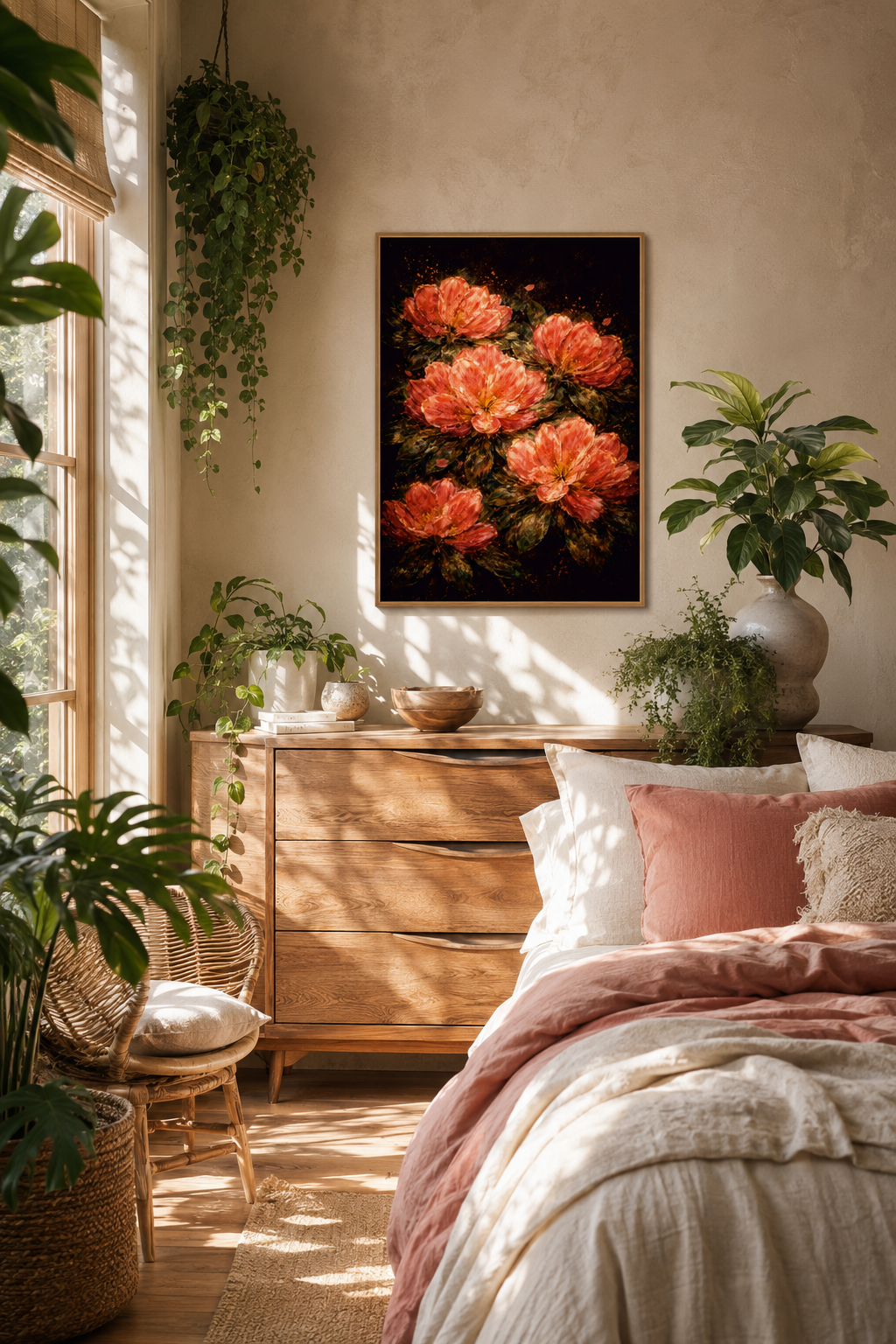 A framed wall art print featuring large orange-red peonies on a dark background, displayed above a wooden dresser in a sunlit, boho-style bedroom with plants and a bed.