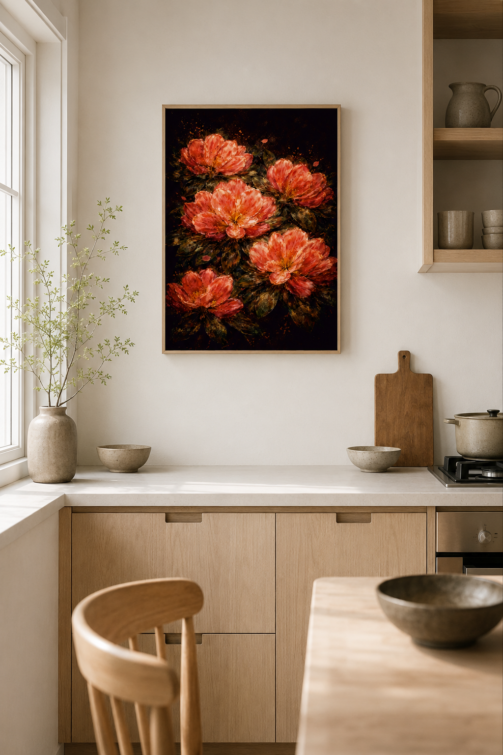 A framed wall art print featuring four large red-orange flowers on a dark background, displayed above a kitchen counter in a modern light wood interior.