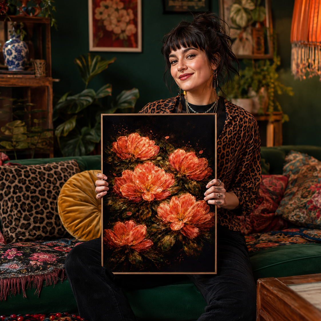 A woman sits on a dark green velvet sofa in a richly decorated room, holding up a framed canvas print of large orange red rhododendrums on a black background.