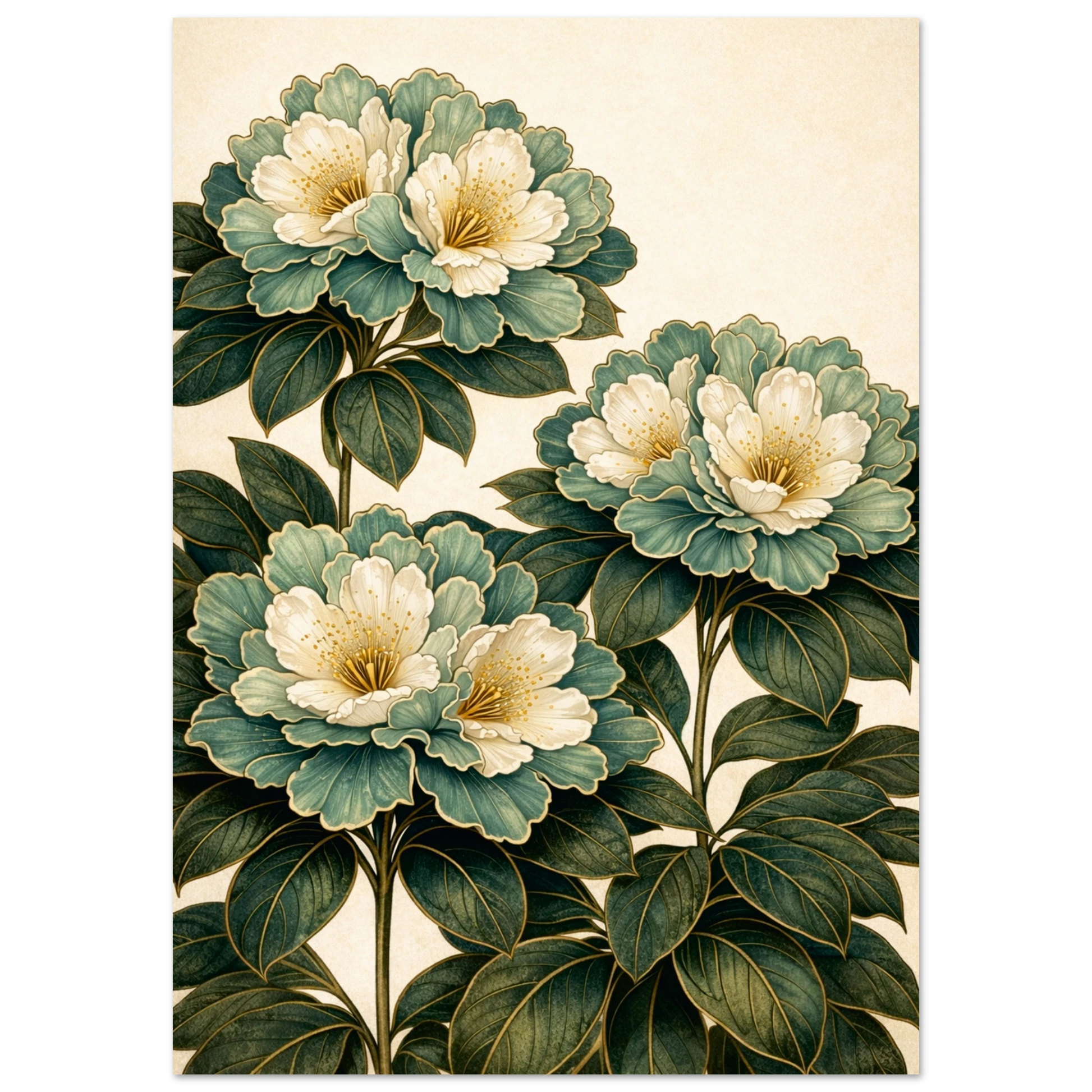 A botanical art print featuring three large peony-like flower clusters with pale cream petals and muted teal-green leaves on a warm cream 

Rhododendron Dell is a print that stops you in a hallway. Cream and pale blue rhododendron blooms cluster in lush abundance against a dark background, their petals catching the light with a quiet shimmer, rich, dramatic and completely captivating.background.