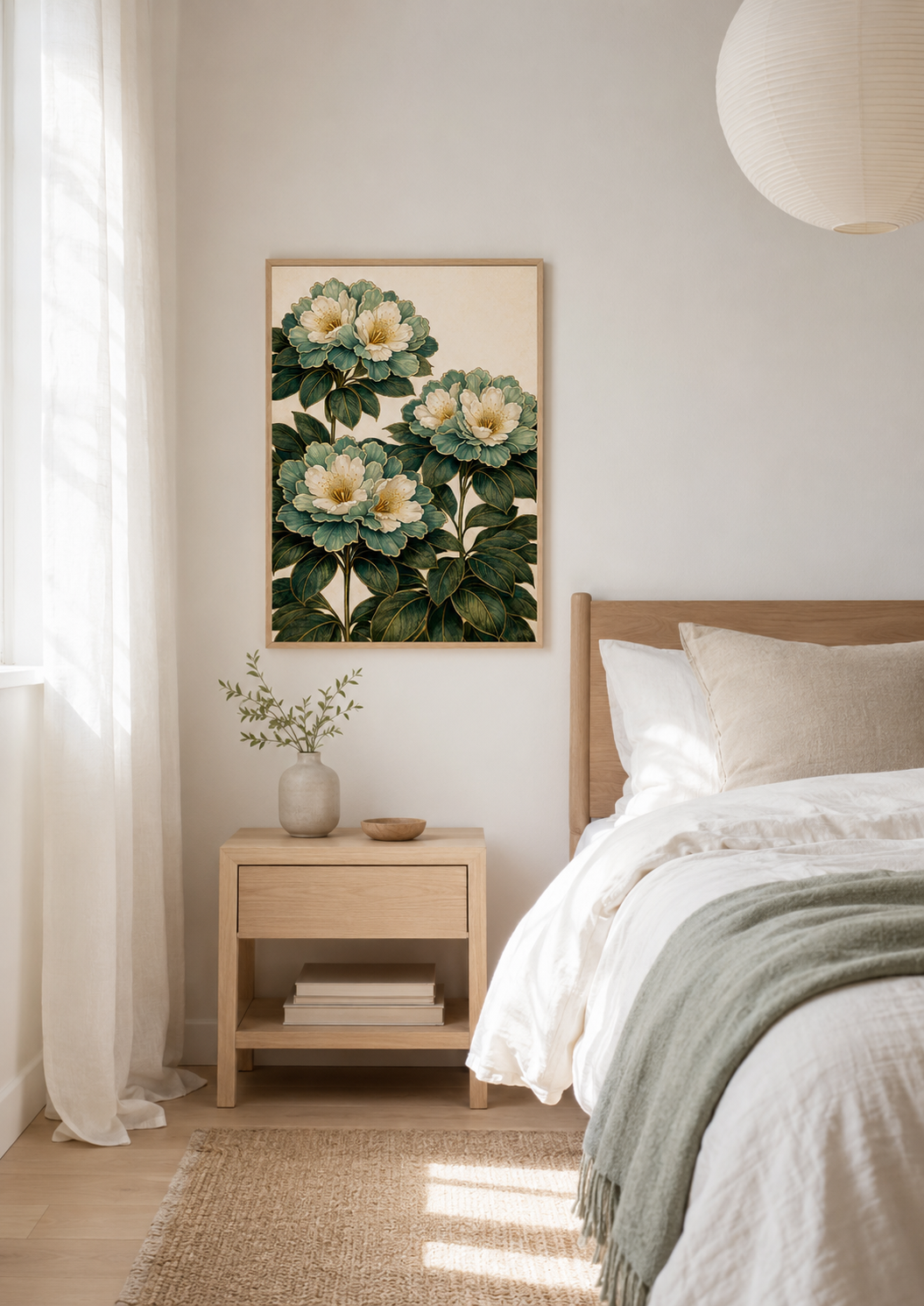 A framed botanical art print featuring green leaves and cream flowers, displayed on a light gray wall above a wooden nightstand in a modern, sunlit bedroom.