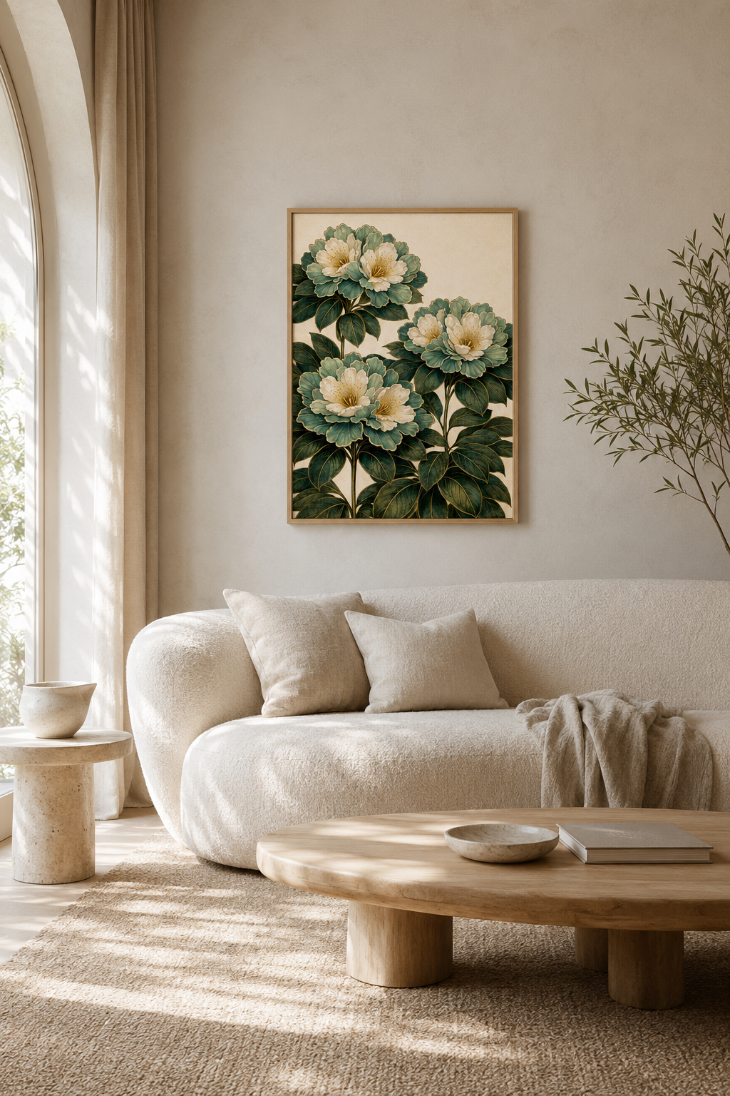 A framed botanical art print featuring green leaves and cream flowers, hanging on a beige wall above a modern white sofa in a sunlit living room.

Rhododendron Dell is a print that stops you in a hallway. Cream and pale blue rhododendron blooms cluster in lush abundance against a dark background, their petals catching the light with a quiet shimmer, rich, dramatic and completely captivating.