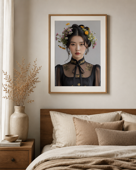Riko by Elizabeth Marshall Art – vintage fashion portrait giclee print styled in a bedroom, A2 size