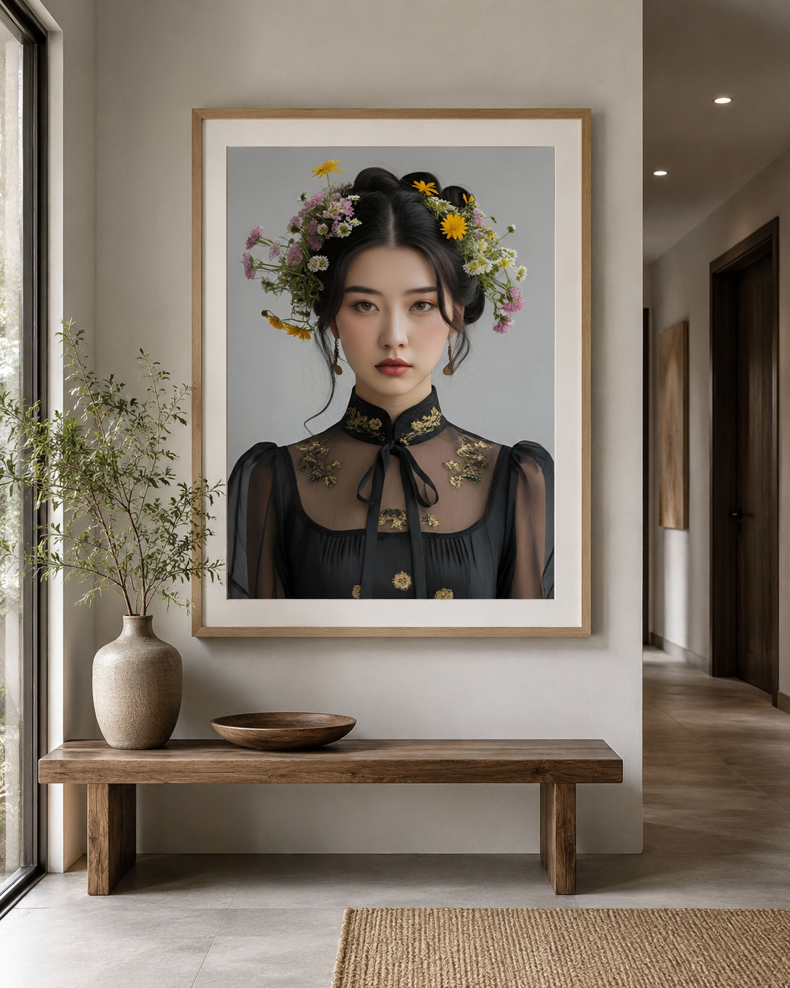Riko by Elizabeth Marshall Art – close-up of vintage fashion portrait with wildflower crown, giclee art print
