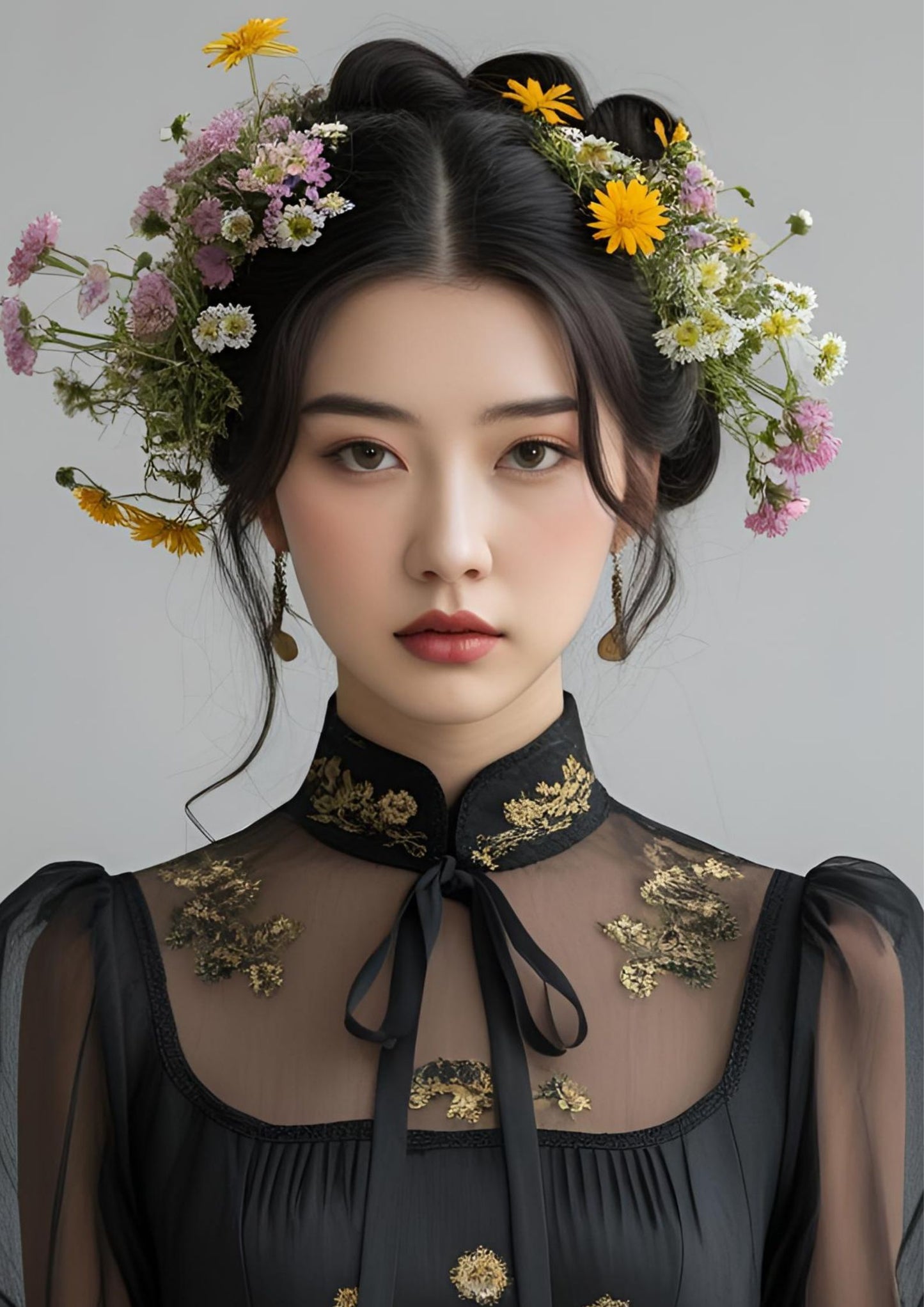 Riko by Elizabeth Marshall Art – close-up of vintage fashion portrait with wildflower crown, giclee art print